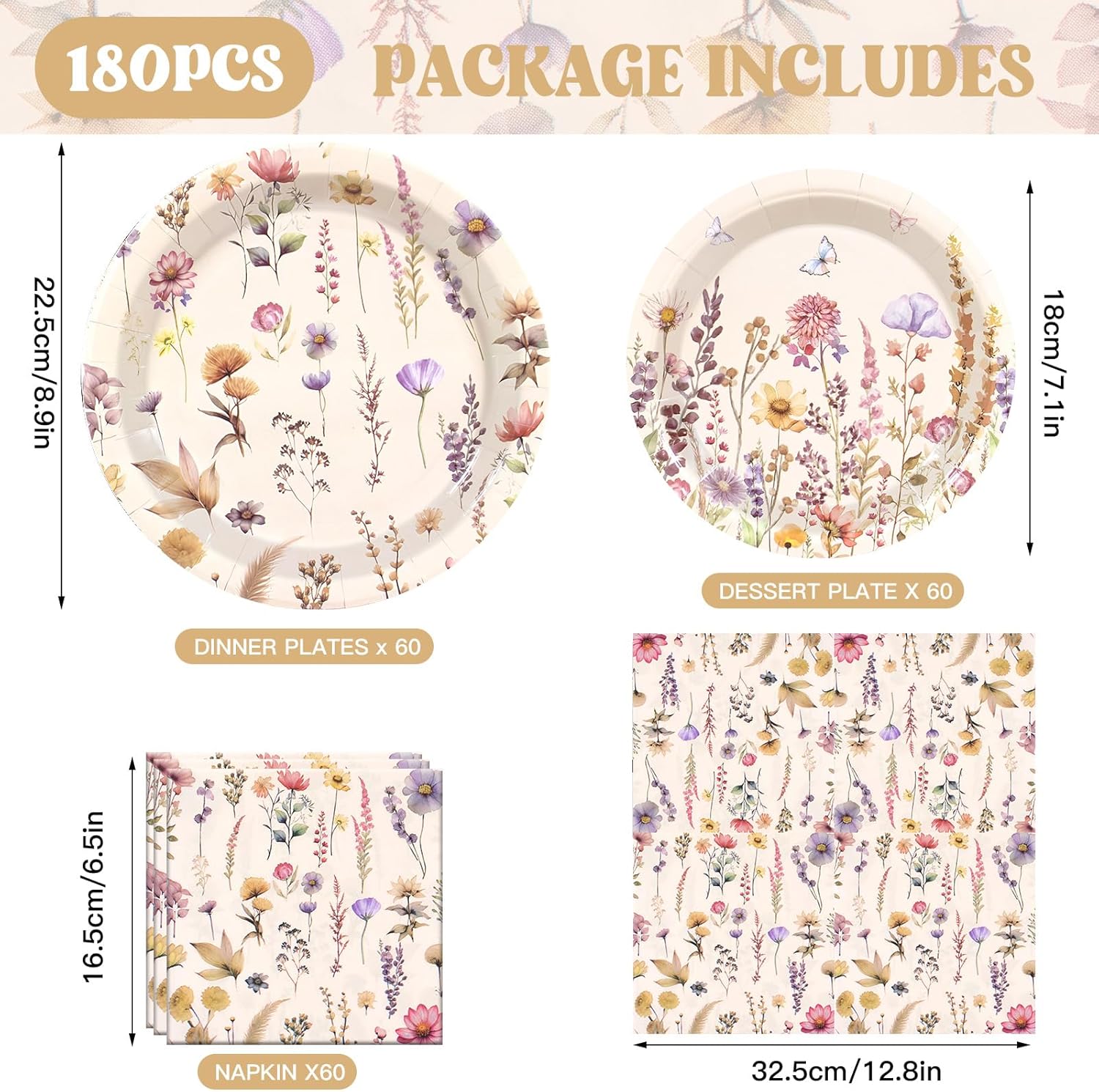 180 Pcs Vintage Wildflower Paper Plates Napkins Set,Disposable Floral Plate and Napkin for Wedding Birthday Baby Shower Bridal Shower Mothers Day Decorations Serve 60