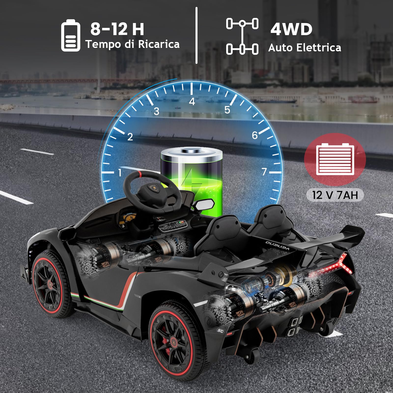RELAX4LIFE Macchina Elettrica per Bambini, Lamborghini da 12 V con porta idraulica, auto elettrica con telecomando, MP3 e luce LED, veicoli elettrici per bambini(NERO)