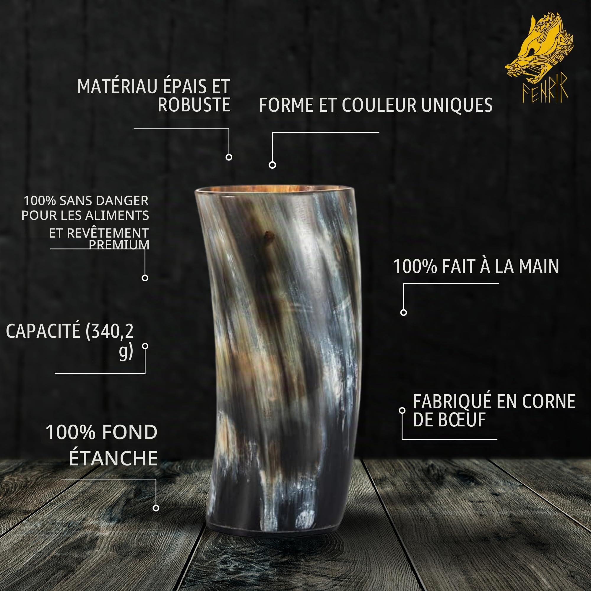 FENRIR Lot de 2 Tasses Viking en Corne à Boire | Cadeaux pour Homme et Femme | Décapsuleur | Parfaite pour la Bière, l'Hydromel et le Whisky | 100%