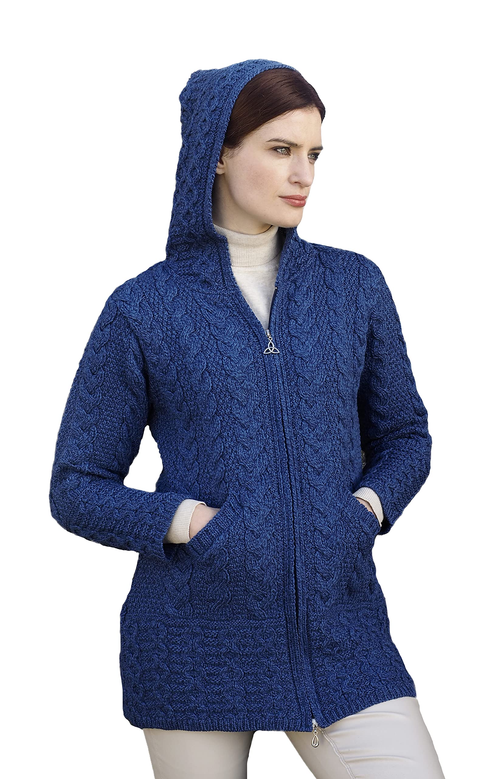 Aran Crafts Irish Women's Cable Knit Hooded Wool Coat (HD4025)