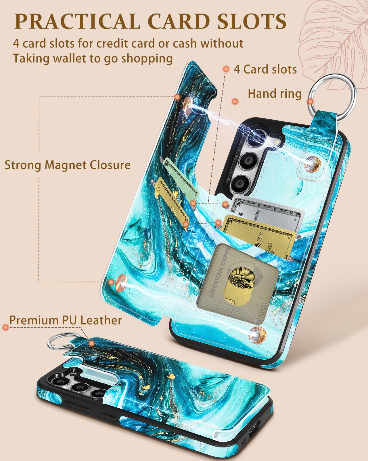 Shorogyt Etui portfelowe na telefon Samsung Galaxy S23, z uchwytem na karty, designerski wzór marmuru, podpórka, magnetyczne zapięcie, z klapką, skórzane etui na telefon S23, dla kobiet, mężczyzn