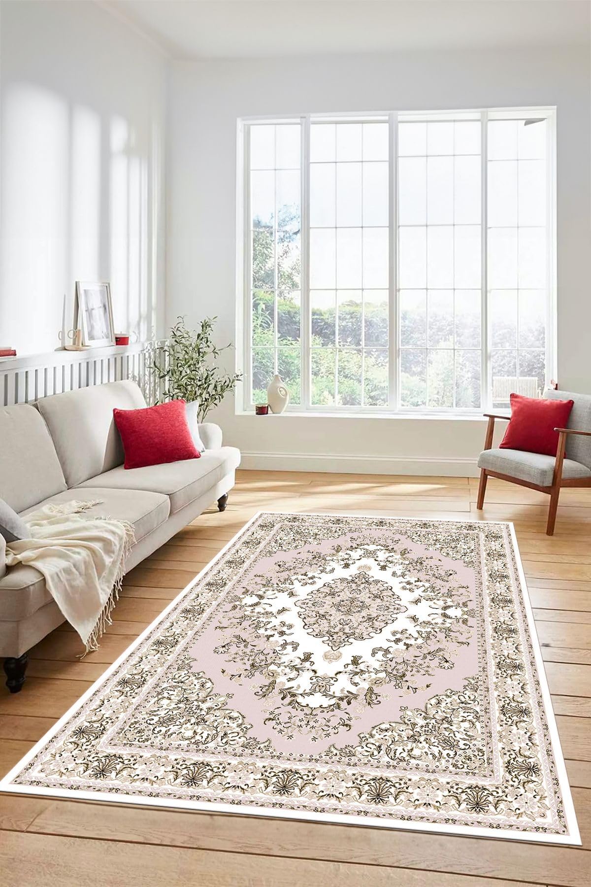 Evdeya Klasik Desenli Dijital Kaymaz Taban Yıkanabilir Yolluk Mutfak Salon Halısı KLASİK-23, Pembe, 80 x 300