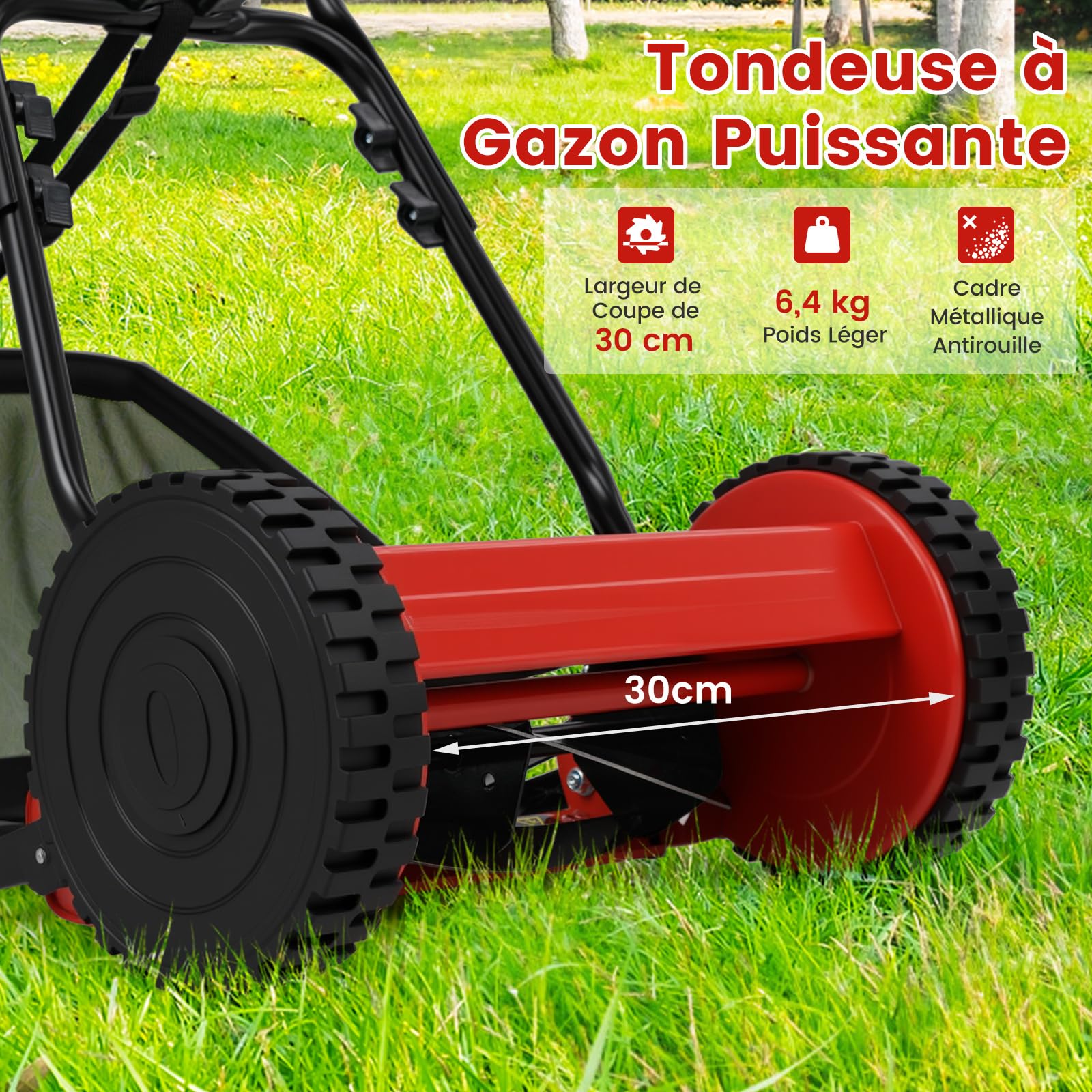 GOPLUS Tondeuse à Gazon Manuelle 18,5L Sac de Ramassage Lame Tranchante Coupe Hauteur Réglable