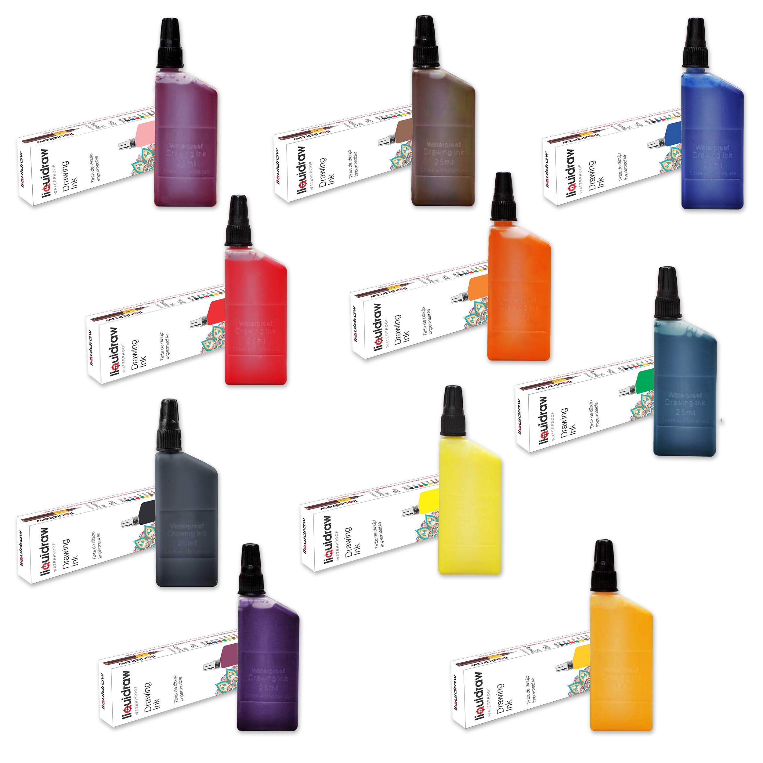 Liquidraw Technical Pen Encre à dessin étanche 25 ml Couleurs assorties (compatible avec les stylos Isographe Rotring) (10 couleurs assorties)