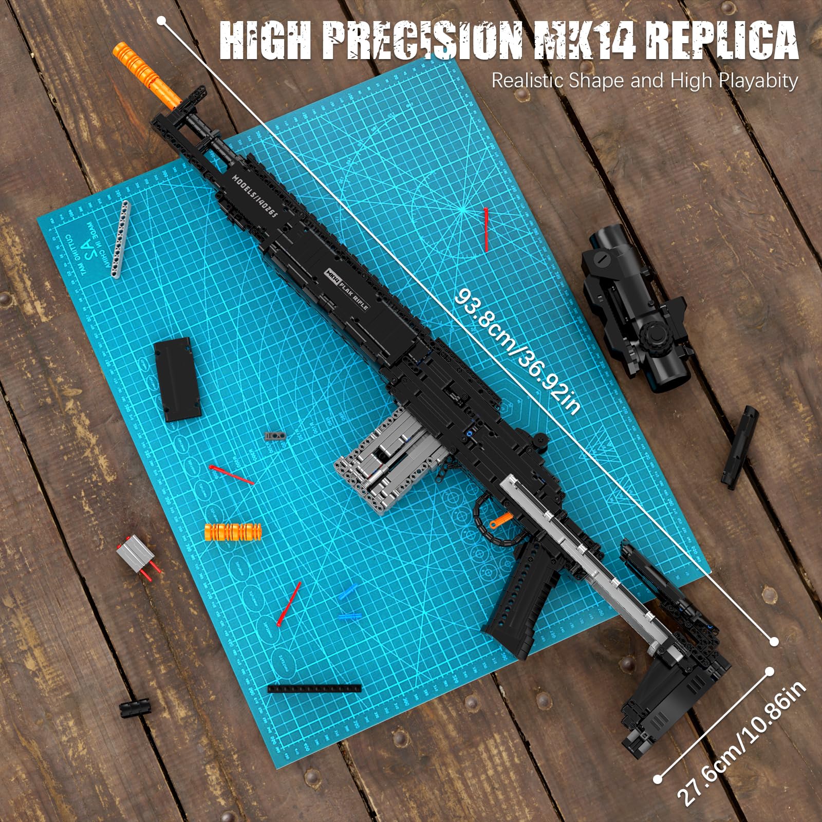 Mould King Modellino di pistola MK14 in scala 1:1 con capacità di sparare - 14026 militare - Kit di montaggio per adulti a tema militare Un regalo giocattolo da collezione ideale per giovani ragazzi e