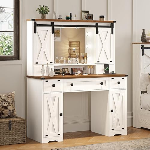 Hasuit Farmhouse Vanity Desk with Mirror and Lights, White Makeup Dressing Table with Charging Station, Rustic Vanity Mirror with Sliding Barn Door, Vanity Table with 3 Lighting Modes Adjustable