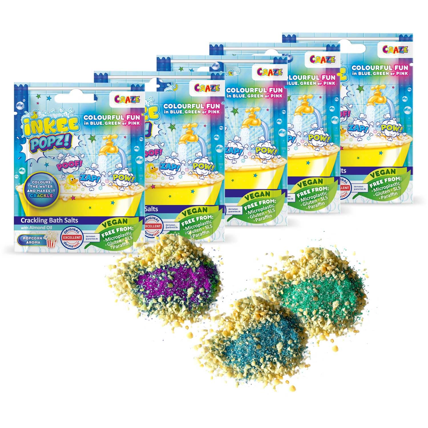 INKEE POPZ 5er Set | Knisterndes Badesalz Kinder - Bunter Badezusatz in pink, blau oder grün mit Mandelöl & Popcorn-Aroma, 5x 15g Beutel – Badespaß für Kinder