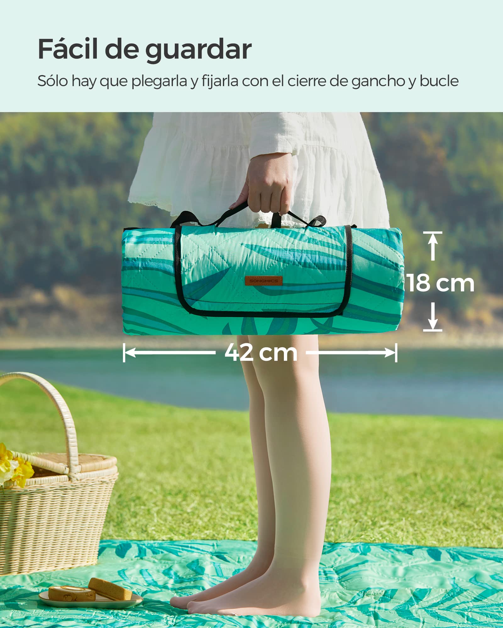 SONGMICS GCM001C02 - Manta de pícnic, 200 x 200 cm, Gran Alfombra, para Camping, Parque, jardín, Playa, Repelente al Agua, Lavable a máquina, Plegable, diseño de Helecho y Verde