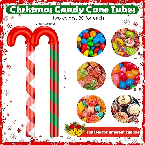 Miniatura 2 de Soaoo 60 recipientes de tubo con forma de bastón de caramelo de Navidad a granel de 12 pulgadas vacíos para dulces navideños con decoración roja,
