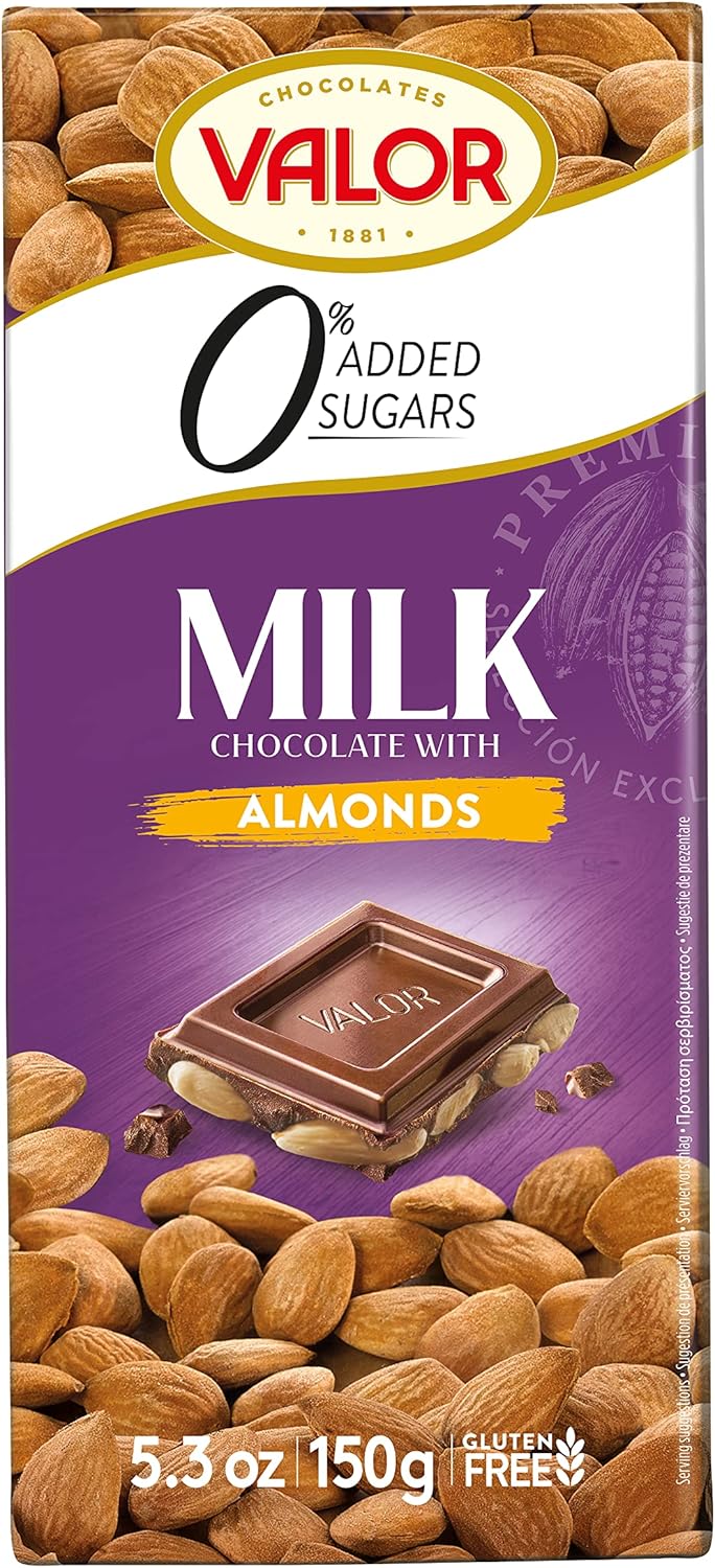 Valor, No Sugar Added, Milk Chocolate Bar Whole Marcona Almonds