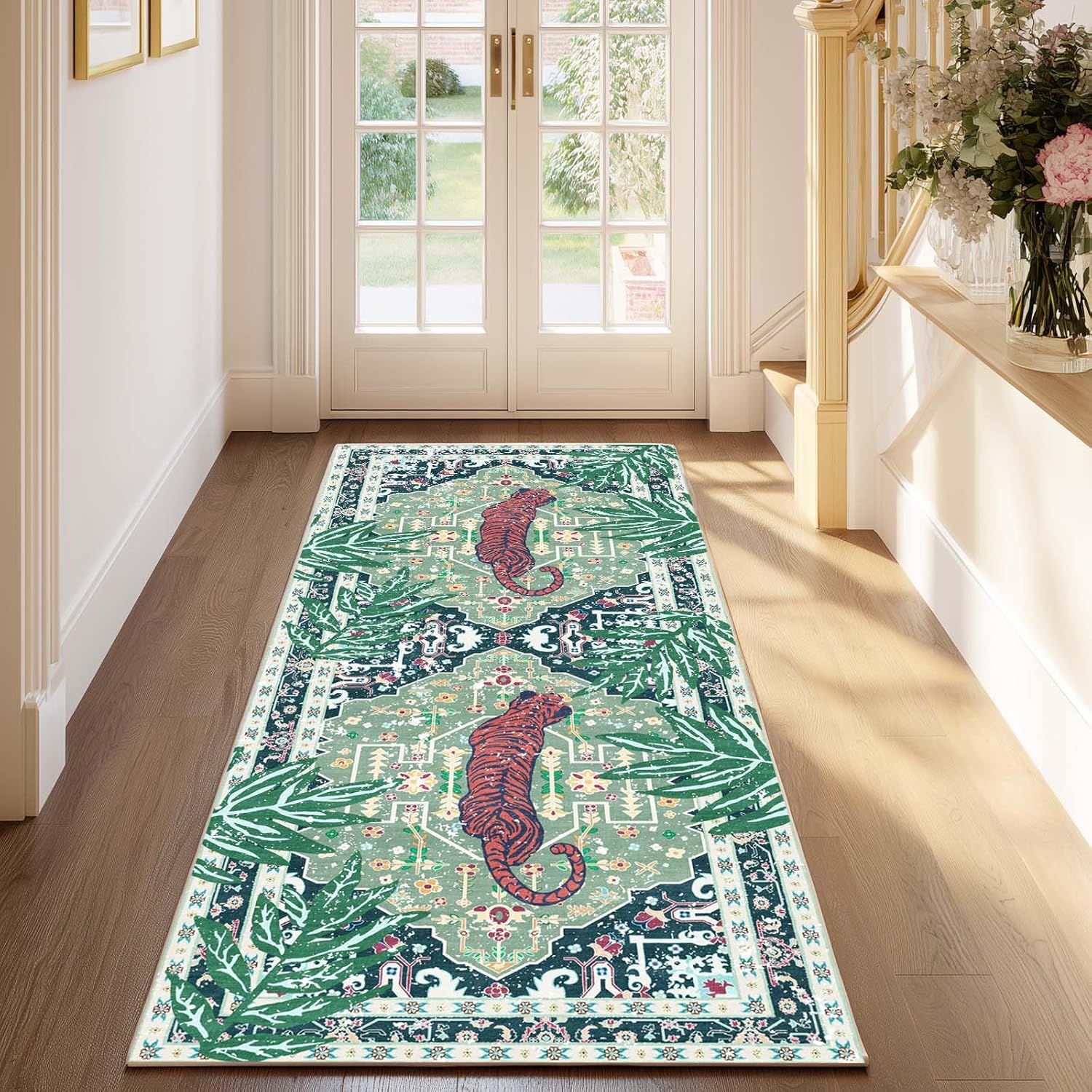 Washable 2x5 Hallway Runner Rug, Non-Slip Low Pile Cozy Kitchen Runner Rug, Boho Vintage Tropical Tiger Rug, Ultra Soft, Stain Resistant, Pet & Kid Friendly Rugs for Bedroom Bathroom Laundry Room