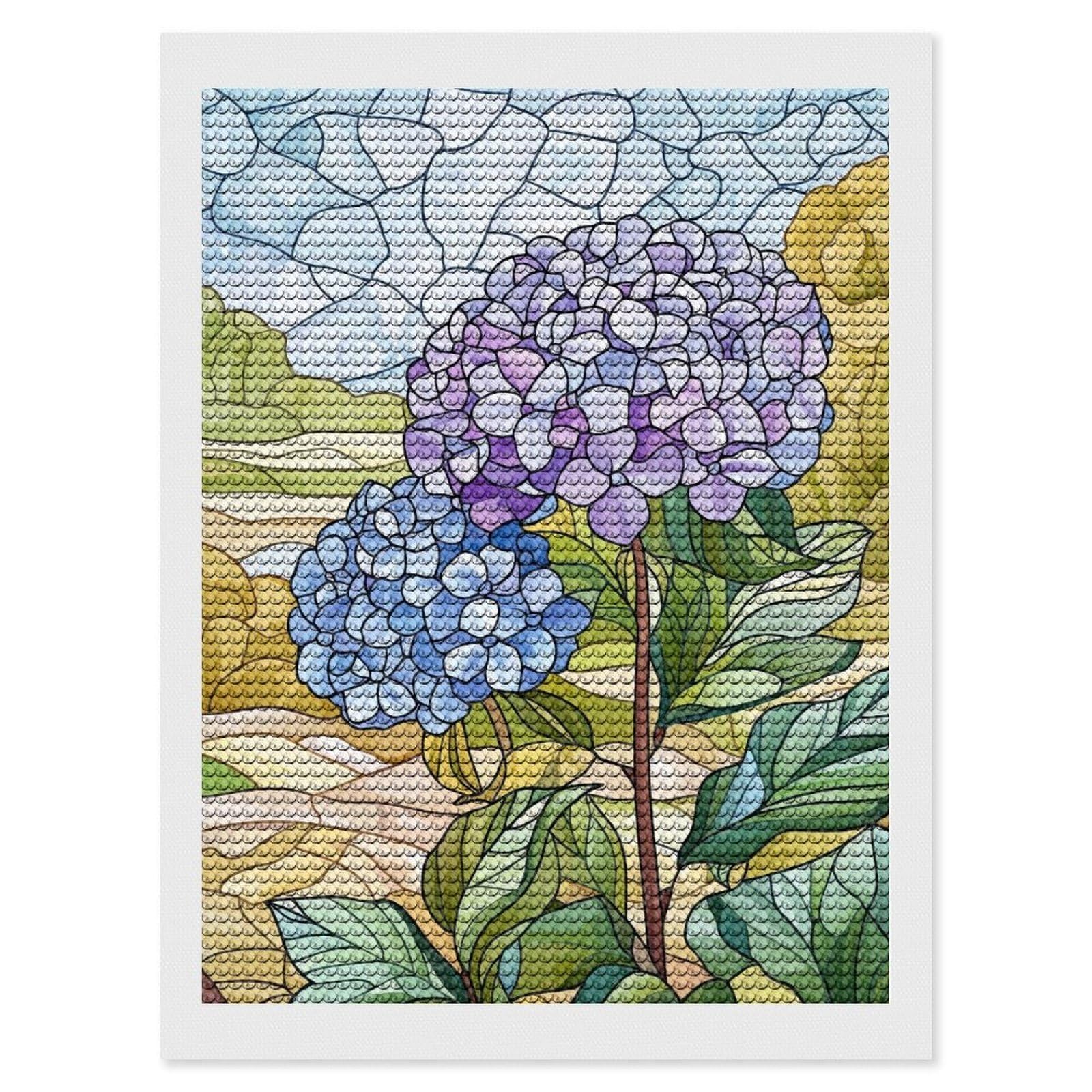 Junmoney Stained Glass Hydrangeas Diamond Painting Set 12"x16", for Beginners, Modern Decor, Simple to Start, Gift Idea, Pleasing Wall Art Project