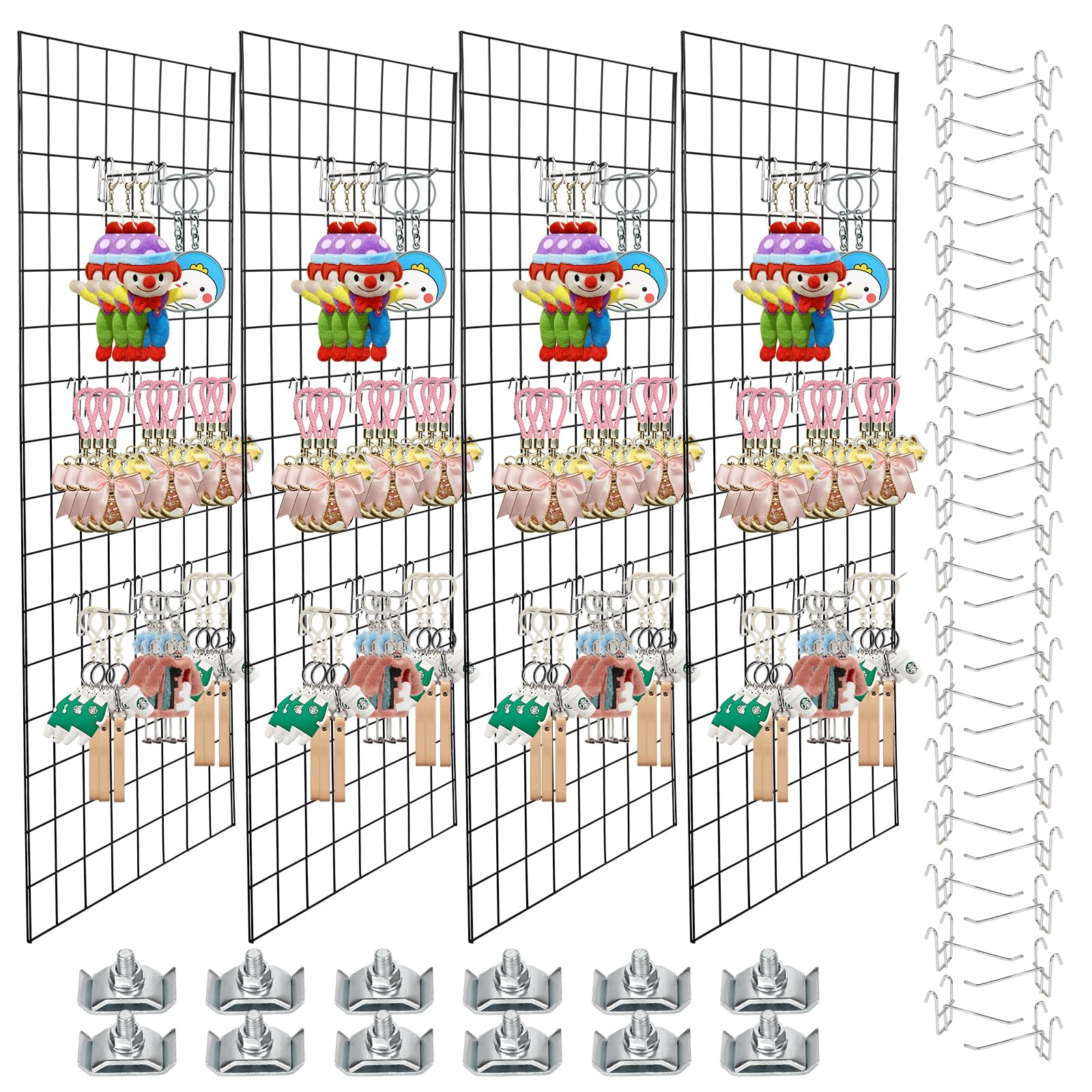 Grid Wall Panels, 4 x 2 Ft Heavy Duty Display Racks for Craft Shows with 32 Hooks, Retail Display Racks and Vendor Booth Display Items, 4 PCS, Black (4 PCS)