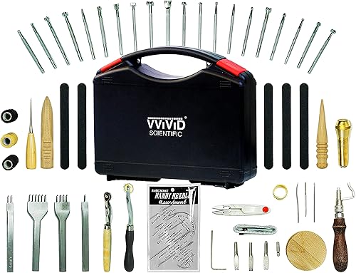 VViViD Kit de herramientas y suministros de trabajo de cuero de 59 piezas con caja de herramientas, punzón de punta, biselador de bordes, hilos de
