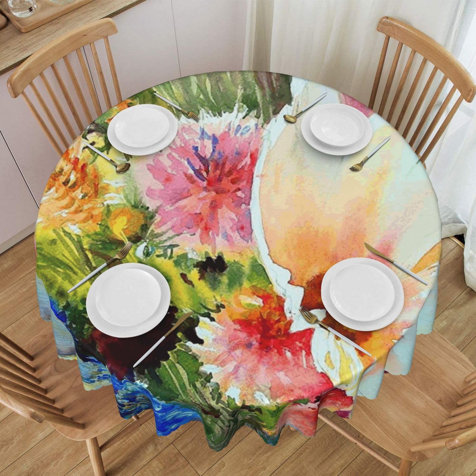 DCEHGEW 60 In Round Tablecloth with Lace, Watercolor Abstract Flowers Printed Oilproof & Washable Fabric Picnic Table Cloth Table Covers