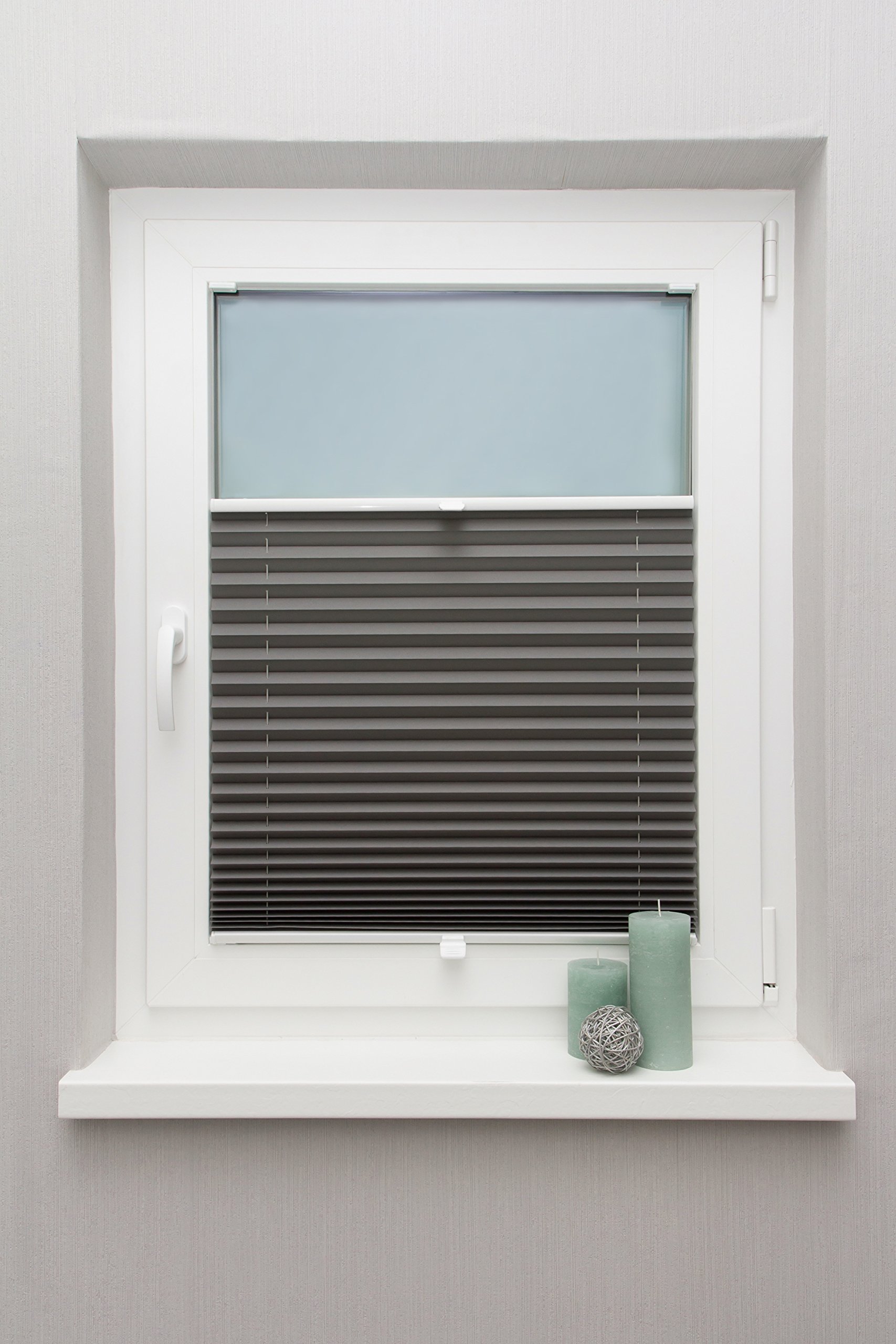 Plissee auf Maß Thermo für alle Fenster Montage in der Glasleiste Blickdicht mit Spannschuh Sonnenschutzrollo Dunkelgrau Breite: 91-100 cm, Höhe: 101-150 cm