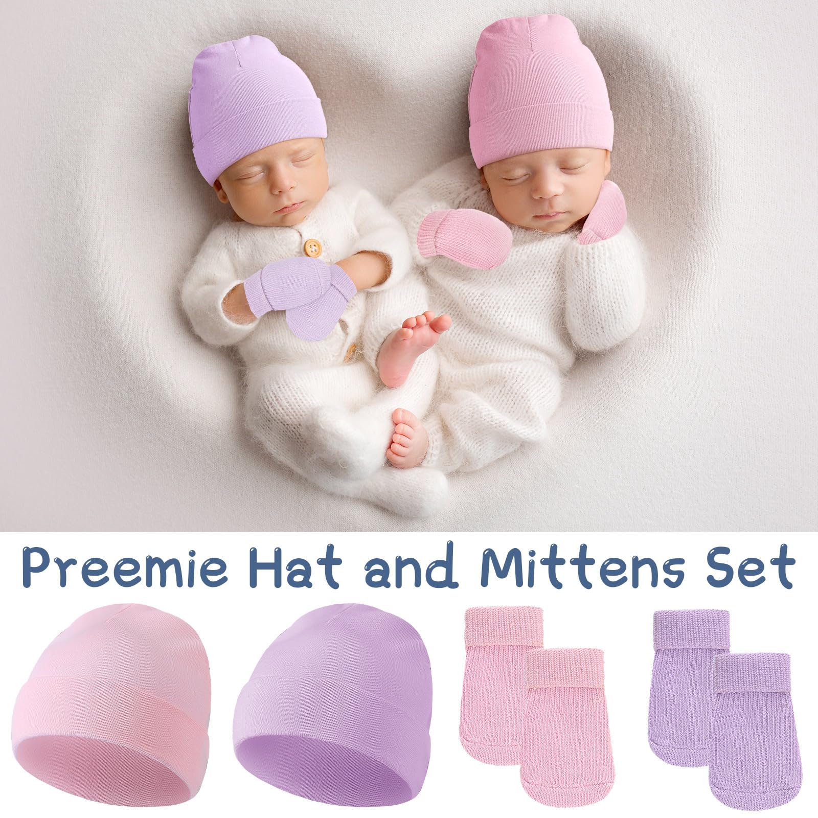 Hercicy 4 Stück Frühchen Baumwolle Mütze und Fäustlinge Anti Kratzer Fäustlinge Baby Fäustlinge Nicu Krankenhauskappe Frühchen Jungen Mädchen Weiß Hellrosa Hellviolett Rosa Rot Gr