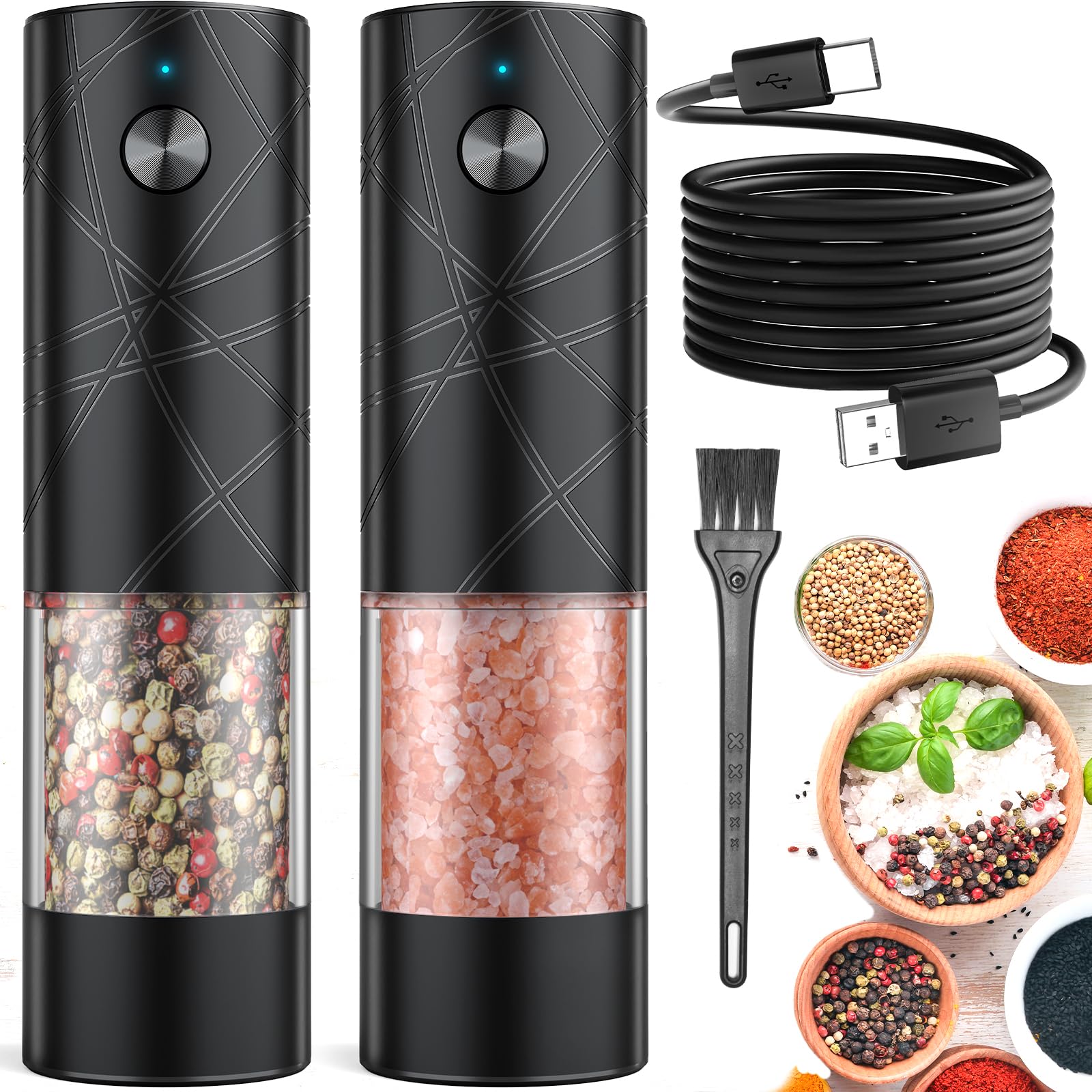Lidaop USB rechargeable electric salt and pepper grinder set in black with warm LED
