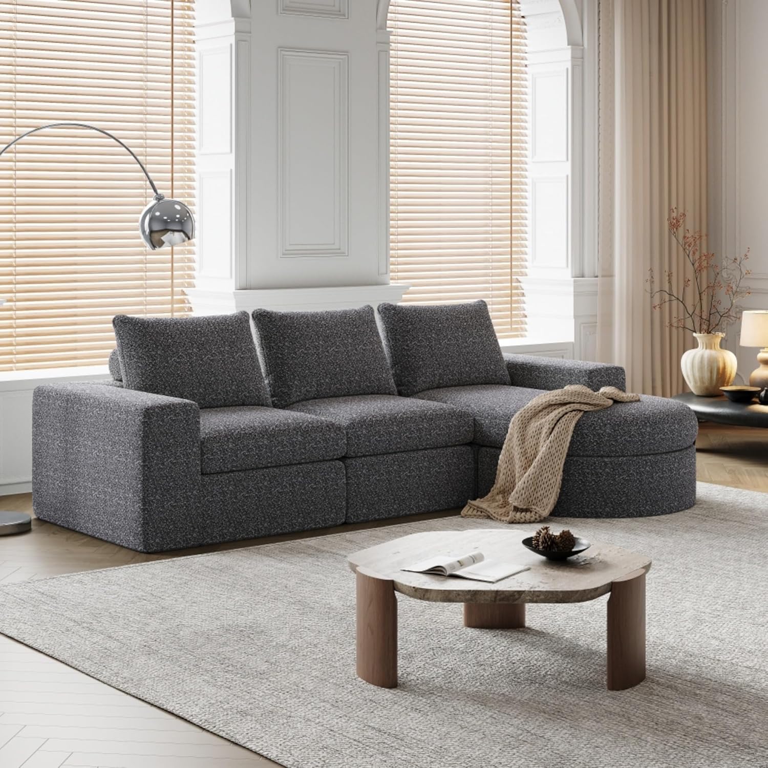 Modules Cloud Curved Sectional Sofa with Chaise – Double Cushion Layer Couches High-Density Sponge Particles, Interchangeable Recliner Position for Living Room & Bedroom (Grey,3-Seater)