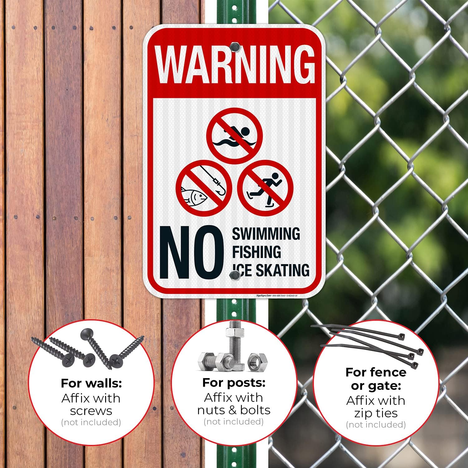 Warning No Swimming Fishing Ice Skating Sign, 12x18 Inches, 3M EGP Reflective .063 Aluminum, Fade Resistant, Made in USA by Sigo Signs