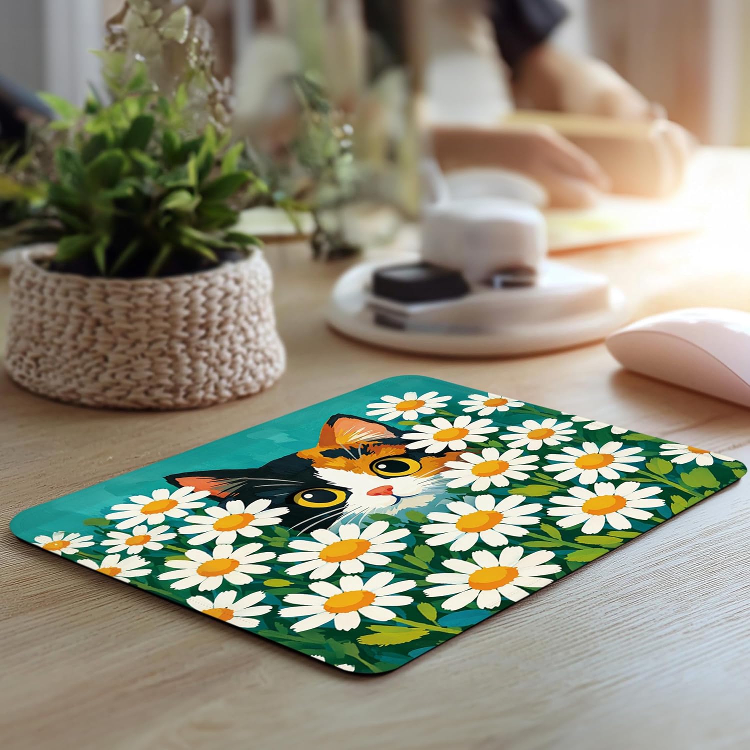 Calico Cat Mouse Pad - Cute Cat Spring Daisy Floral Square Mousepad for Office Computer Laptop, Non-Slip Rubber Base with Stitched Edge, Cats Lovers Gifts 7.9x9.5 Inches image 4