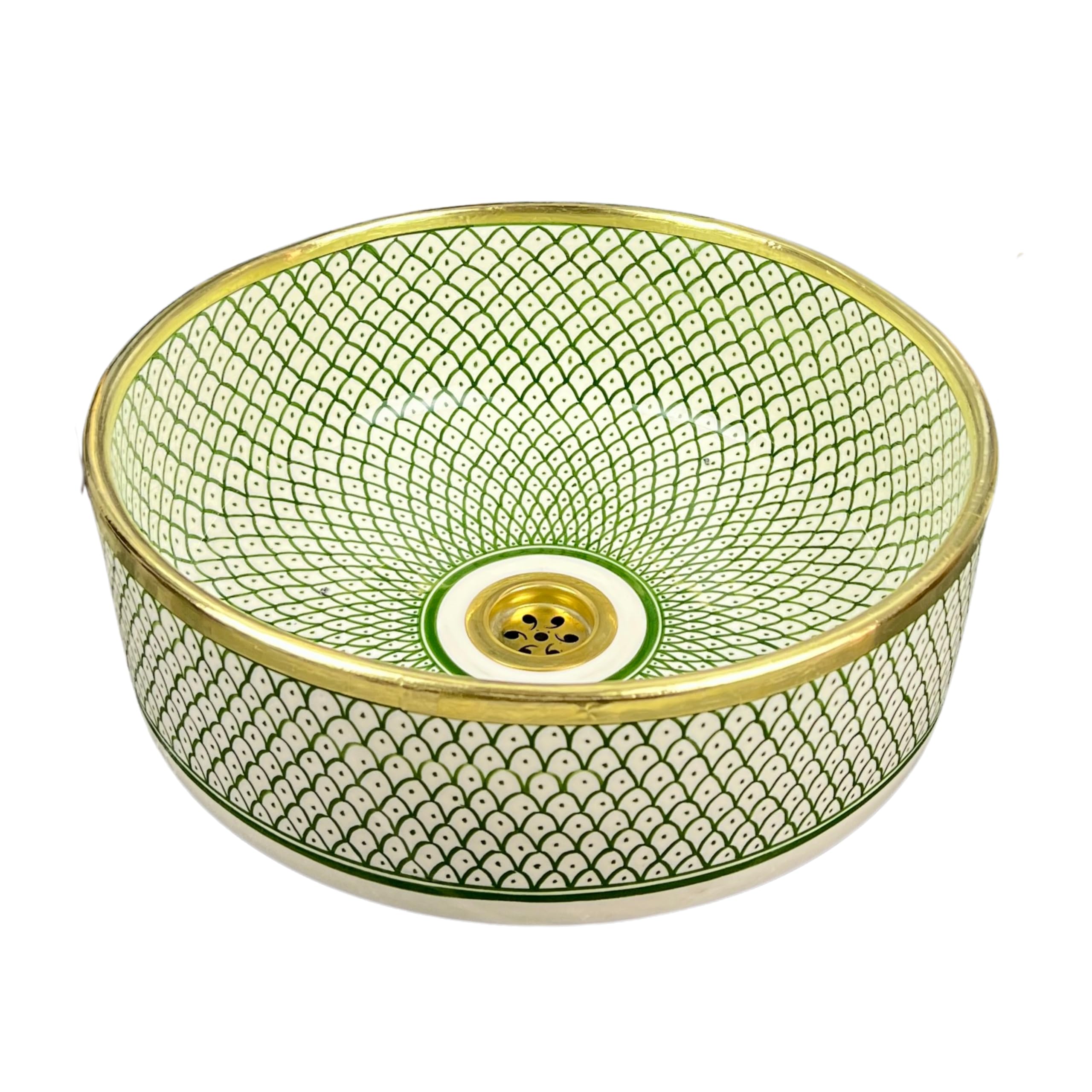 Ceramic Vessel Sink - Emerald Green Artisan Basin with Solid Brass Rim - Round Above Counter Washbasin for Luxury Bathroom Vanity (As pictures, 14in = 35cm)