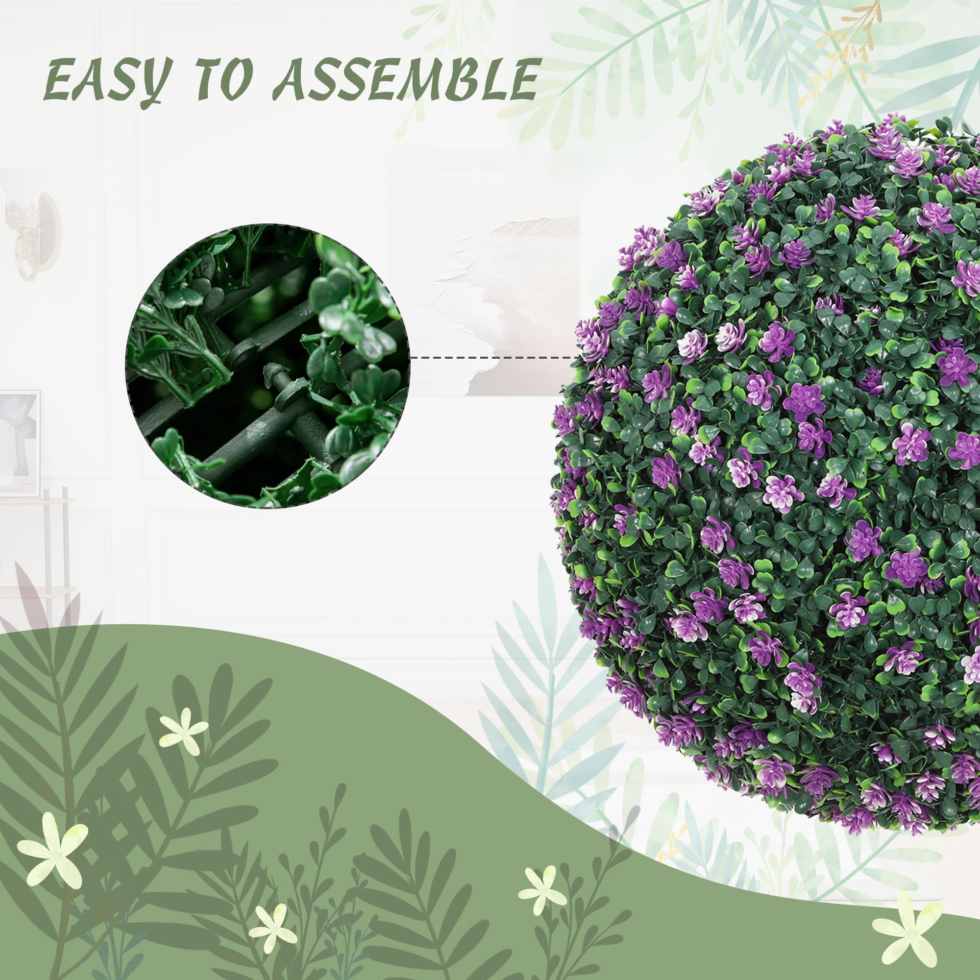 HOMCOM Satz von 2 künstlichen Topiary Kugeln mit Kamelie Blumen, 40cm Faux Buchsbaum Kugeln, hängende Dekoration für Zuhause, Indoor, Outdoor, lila