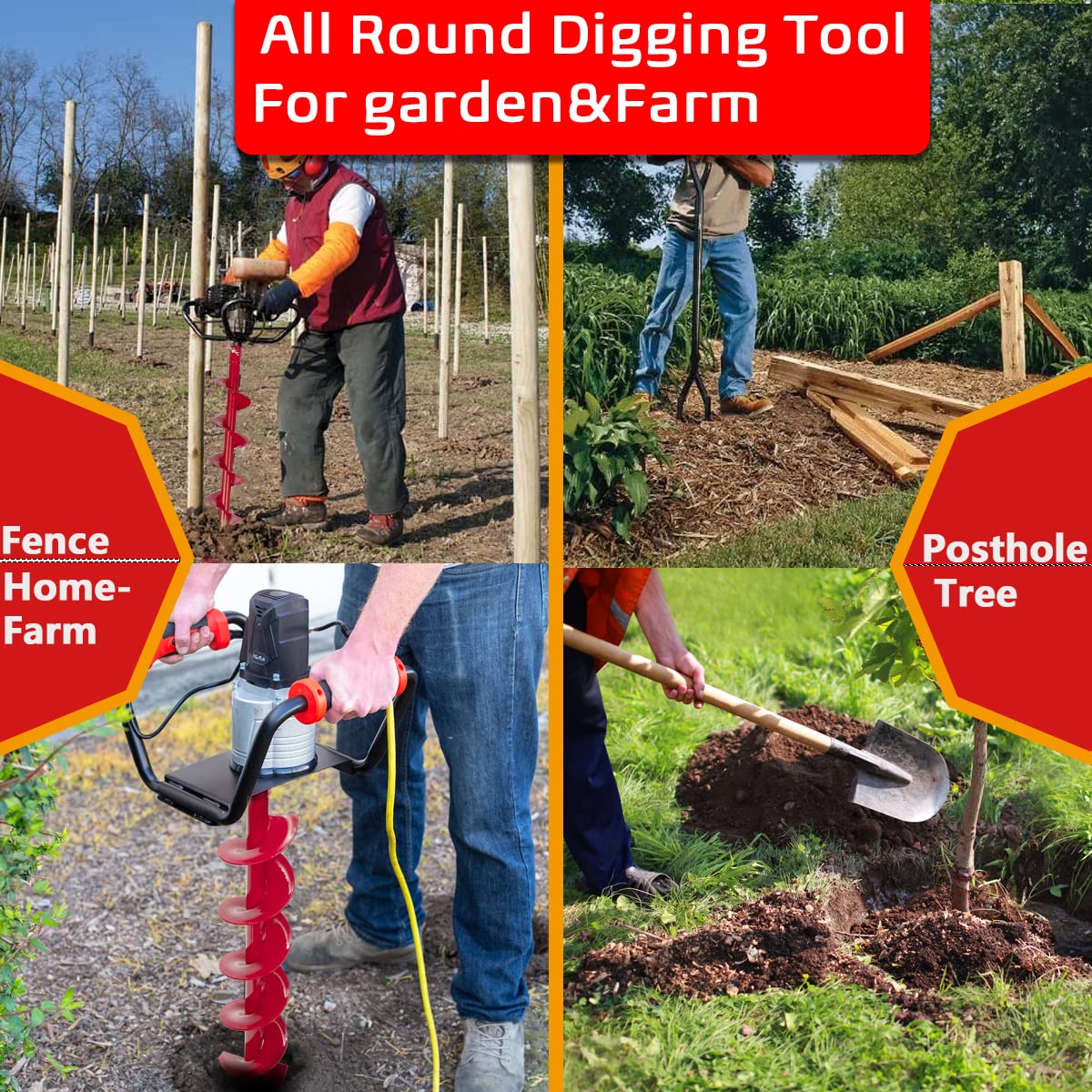 Rokrou Auger Post Hole Digger Auger Drill Bit for Planting Earth Auger Post Hole Auger 4"x23.6" for 3/4" Shaft Machine with Electrical Hammer & Drill SDS Round Shank Connector Fence Planting Red : Patio, Lawn & Garden