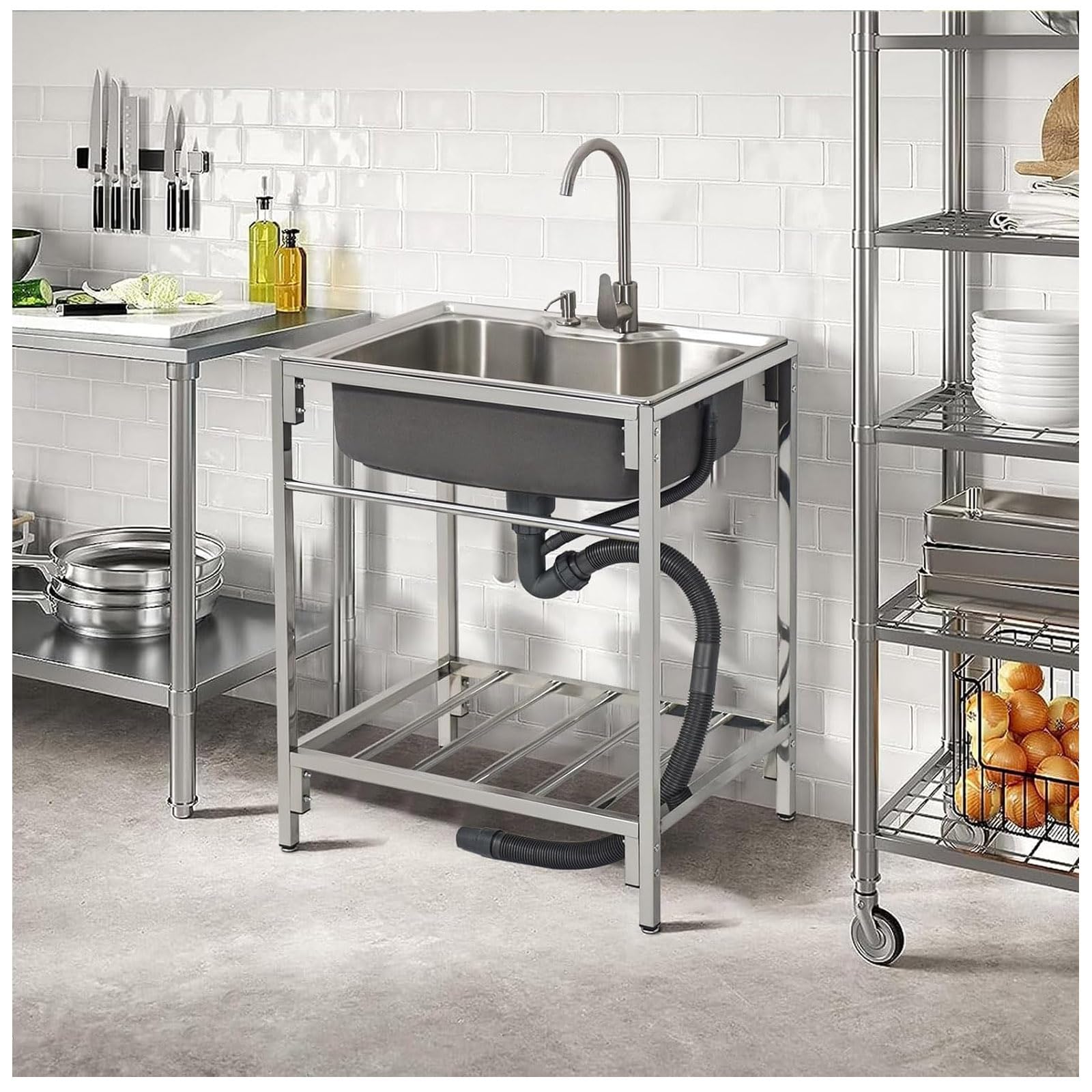 Lavello Da Esterno In Acciaio Inox - Portatile Con Rubinetto E Banco Da Lavoro, Per Giardino O Cucina - Foto 3