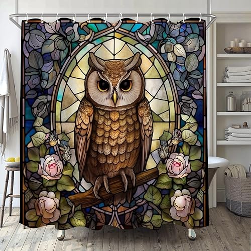 YLATY4413 - Cortina de ducha de mapache para baño, diseño de hojas de flores, arte de cristal, bohemio, tela abstracta, moderna, impermeable,