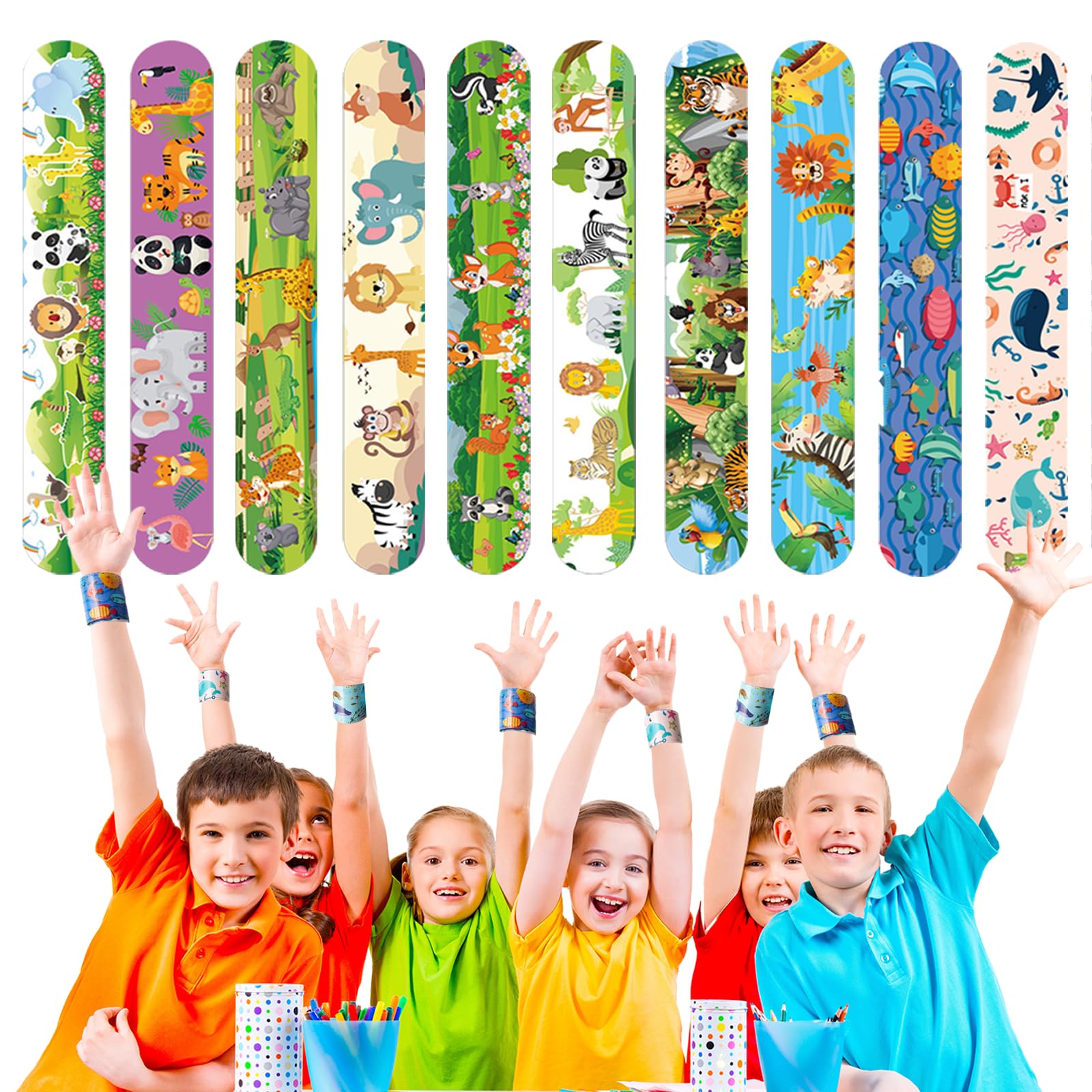Slap Bracelet 40 pcs Motifs Animaux Forestiers Marins Dinosaures Bandes Cadeaux Anniversaire Jouets Garçons Filles