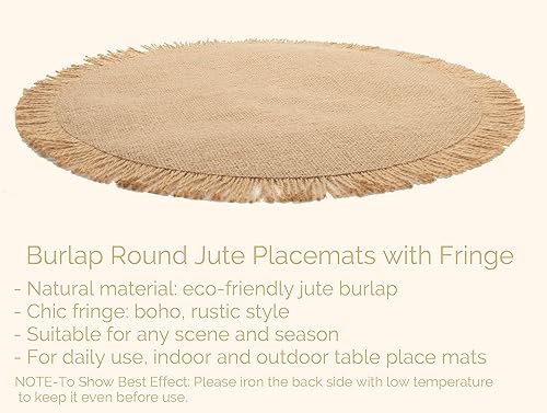 Miniatura 5 de Juego de 4 manteles individuales redondos de arpillera para decoración de mesa, yute natural bohemio con flecos para mesa de comedor, manteles