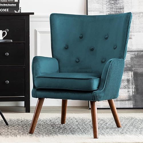 Silla decorativa de terciopelo, moderno sillón con respaldo alto, cojín de asiento de 4 pulgadas de grosor, sillón individual tapizado de terciopelo