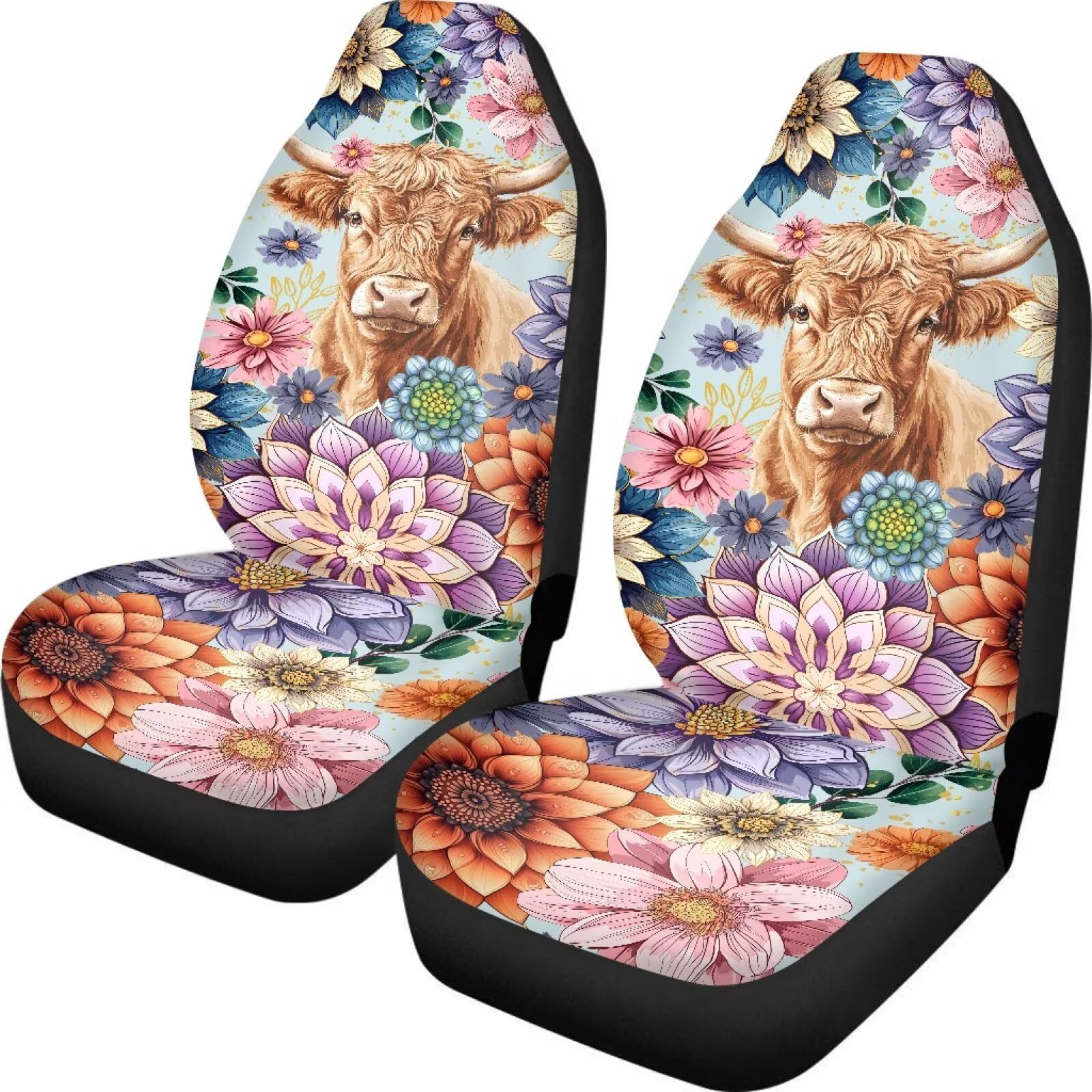 TOADDMOS Anti-Slip Car Seat Cover Front Seats Only,Boho Mandala Highland Cow Comfort Automotive Car Interior Covers Vehicle Cushion Seat Cover Set,