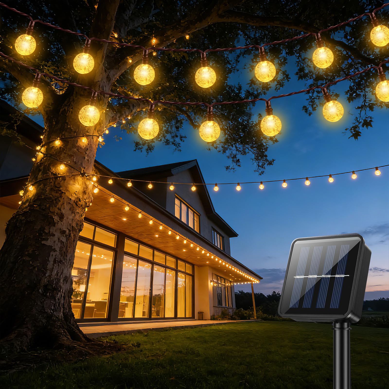 Lichterkette Außen Solar, 13M, 60LED, 8 Modi, IP65 Kristall Kugeln Wasserdicht Outdoor Solarlichterkette Dekorative für Garten, Balkon, Terrassen, Weihnachten, Hochzeiten, Partys (17MM LED-Kugeln)