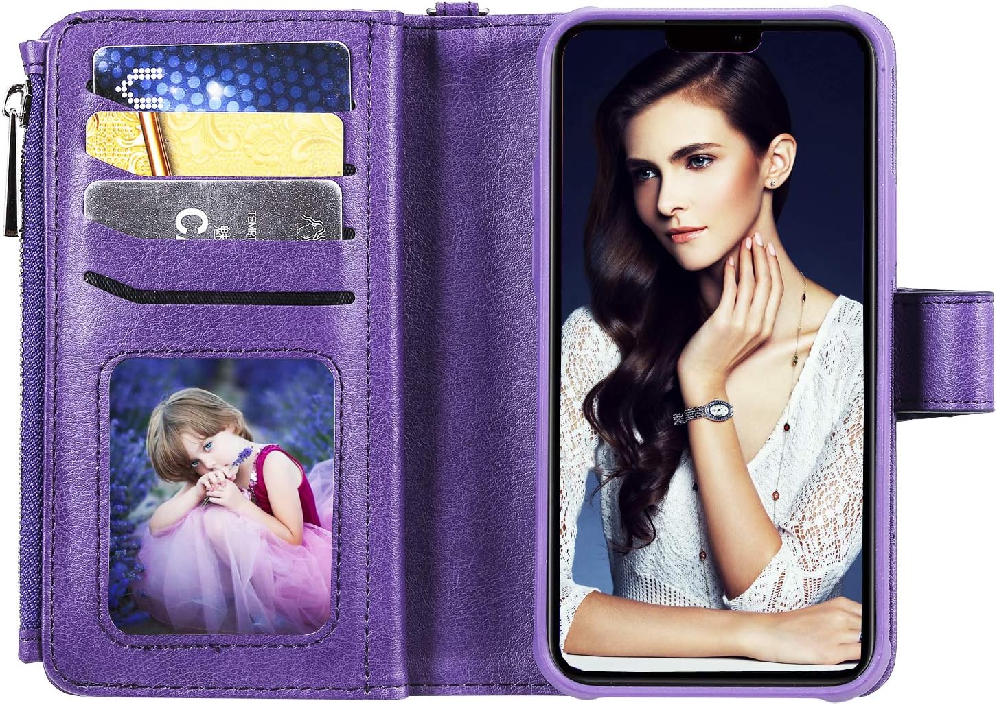 FLYEE Compatible with iPhone 11 (6.1 inch,2019 Release),Detachable 2 in 1 case Fit Car Phone Mount Magnet Closure Premium Leather Zipper Purse 8 Card Slots Flip Cover with Wrist Strap-Purple
