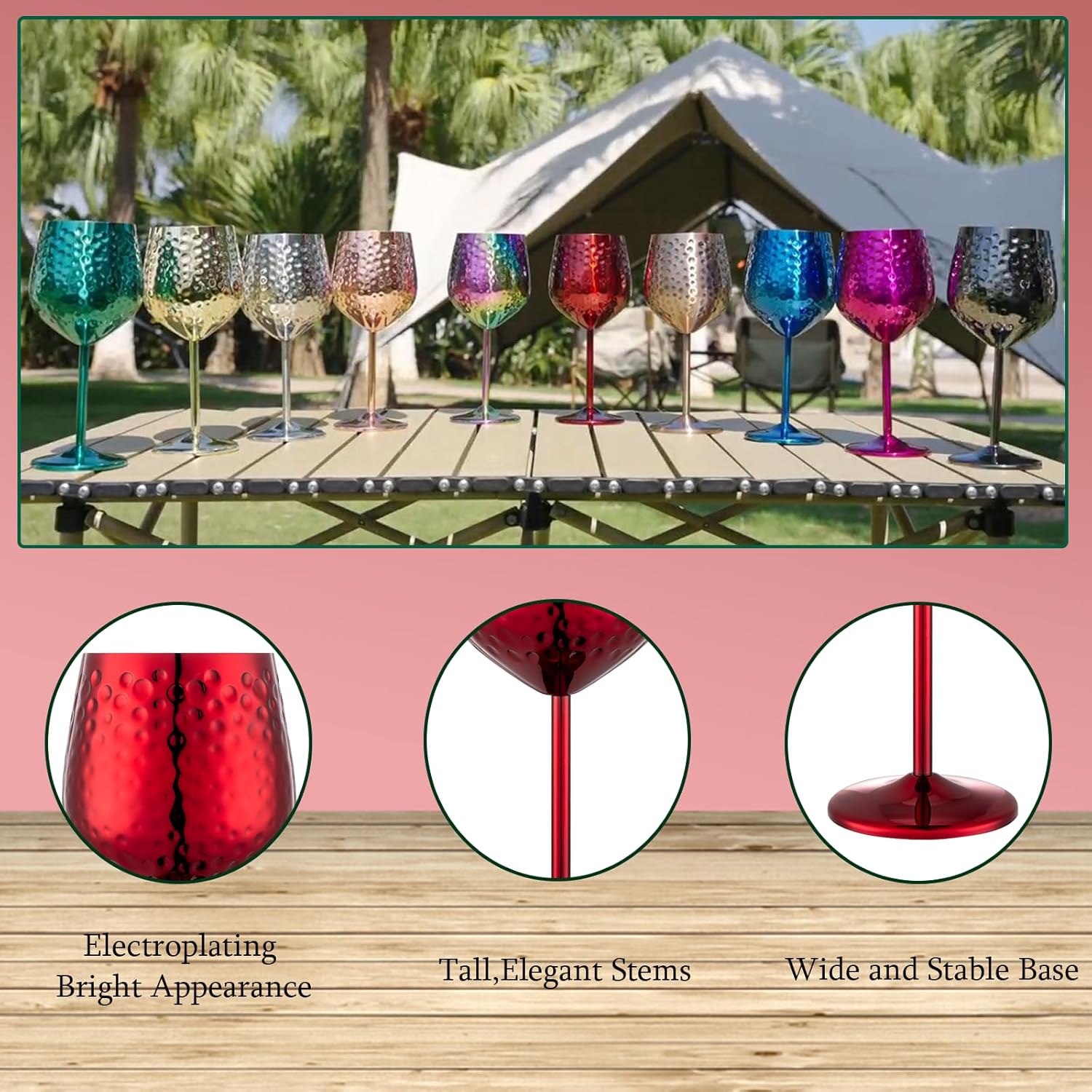 Stainless Steel Wine Glasses-18 oz Unbreakable Hammer point Wine Goblets, Elegant Unique Metal Wine Glass for Outdoor, Travel, Camping, Pool,Gift for Wine Lovers (Set of 4) (Red)