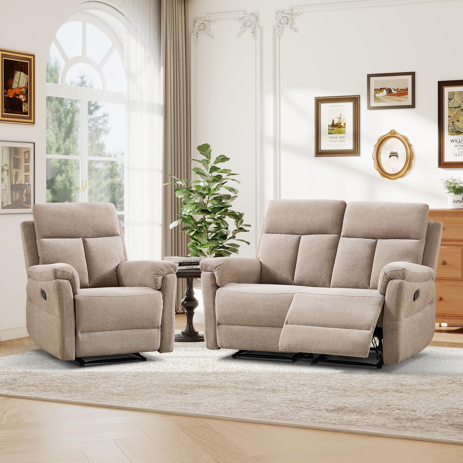ANJ 2-Piece Manual Recliner Sofa Set, Recliner Chair and Loveseat with Padded Armrests and Supportive Backrest, Fabric Reclining Couch Set for Living Room, Camel