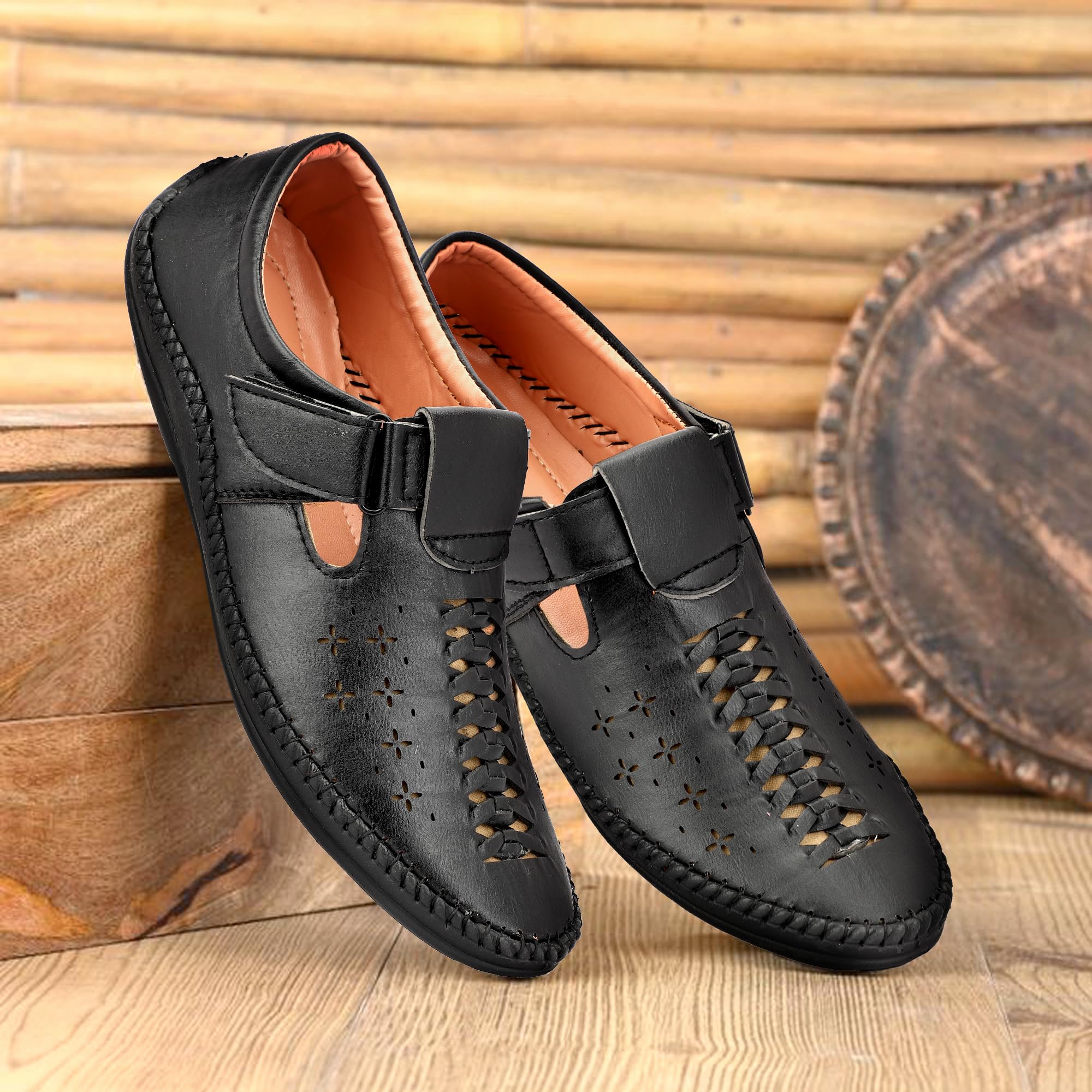 Elegant Black Leatherette Slip-On Back Strap Ethnic Party Casual Roman Sandals for Men-image-35