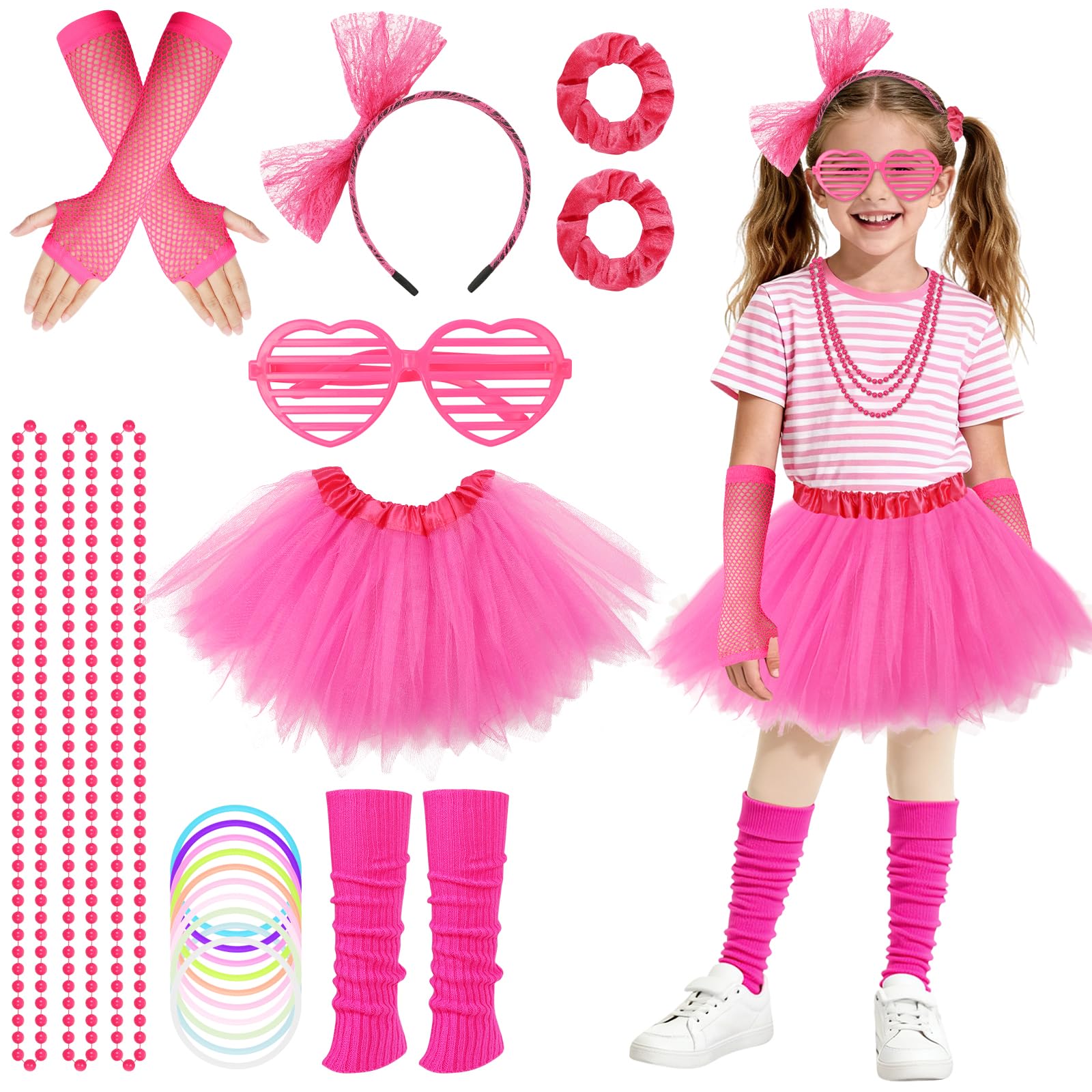 BSBUY 80er 90er Jahre Outfit 80er Faschingskostüme Accessoires Mädchen mit Tutu/Stirnband Ärmel/Armbänder/Haarbänder/Halsketten/Fußsäcke/Brille 90er Outfit Set Kind Kleidung Neon Party Karneval