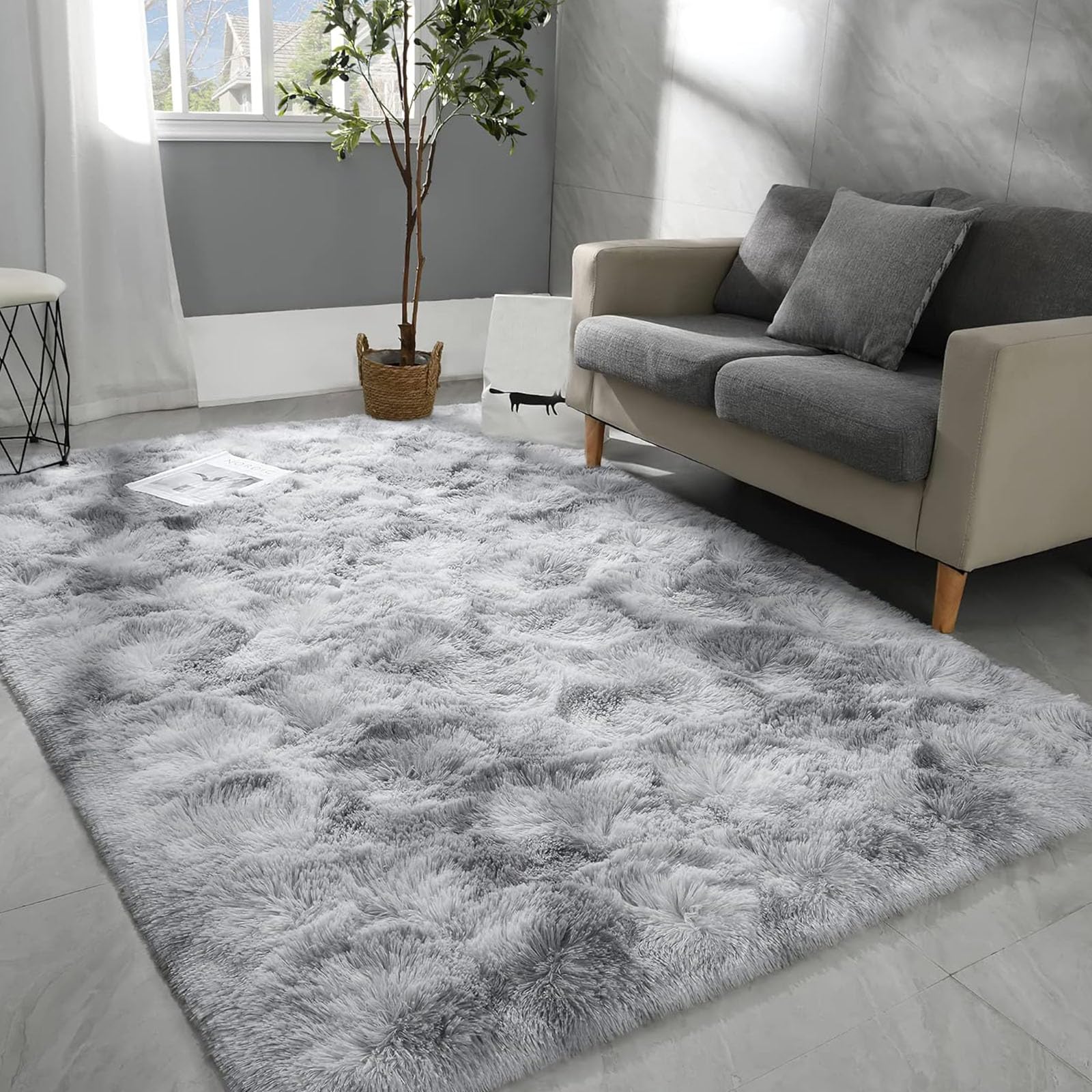 Flauschiger Hochflor Teppich 130 x 300 cm Hochflor Langflor Weich Modern Unifarben Flauschig Teppich Wohnzimmer für Wohnzimmer Schlafzimmer Flur, Hellgrau