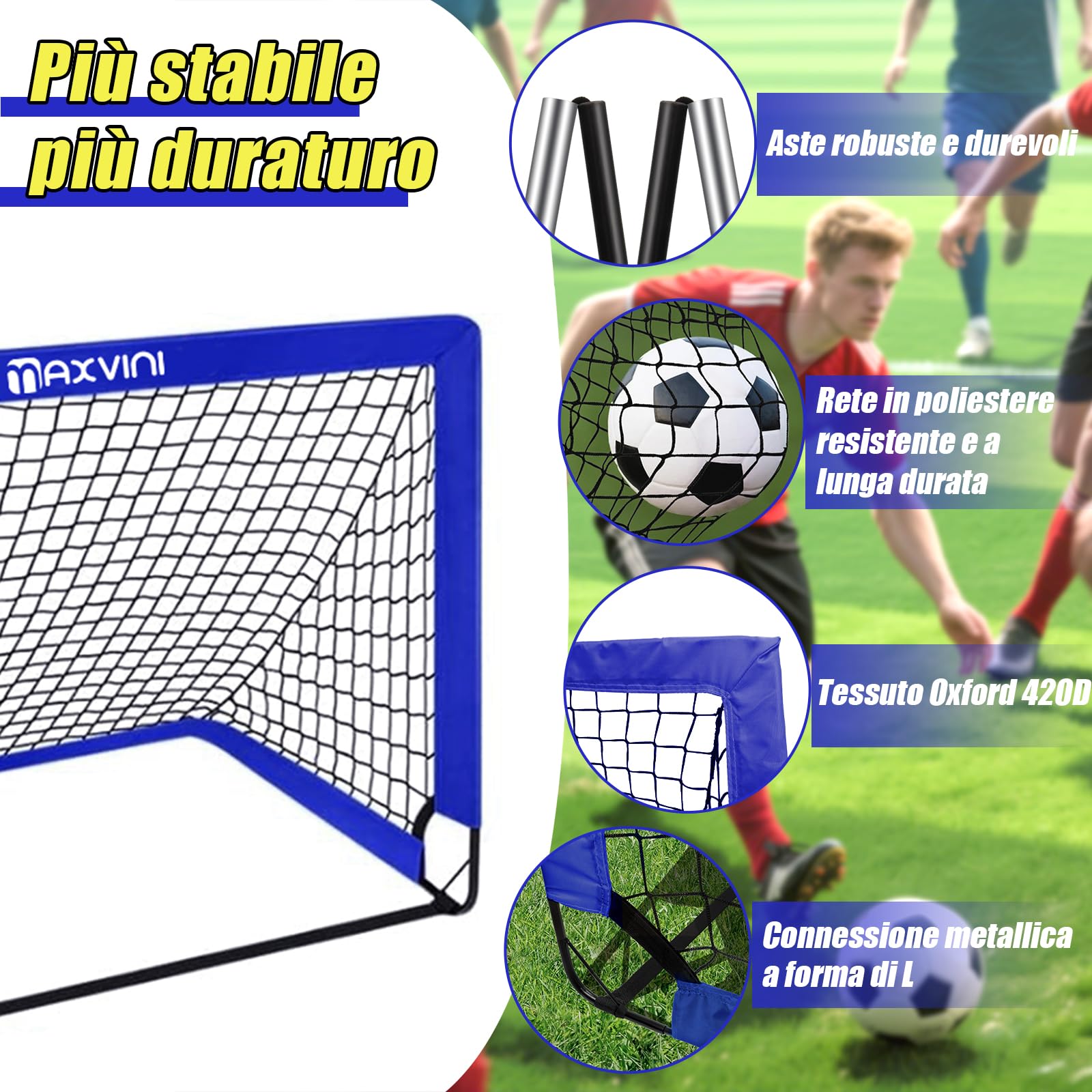 Porta da calcio per giardino e bambini, 90 x 74 x 74 cm, con aste in fibra di vetro, per interni ed esterni, set pieghevole pop-up con 6 cappelli, borsa per il trasporto, 8 ganci