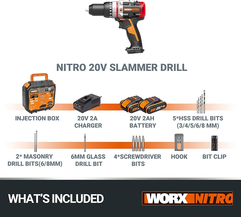 Worx 20V Akkumulátoros Ütvefúró-Csavarozó - Szénkefe Nélküli Motor, 60Nm Nyomaték, 2000 RPM, 2db 2.0Ah Akkuval, Fúrószár Készlettel, Fához,