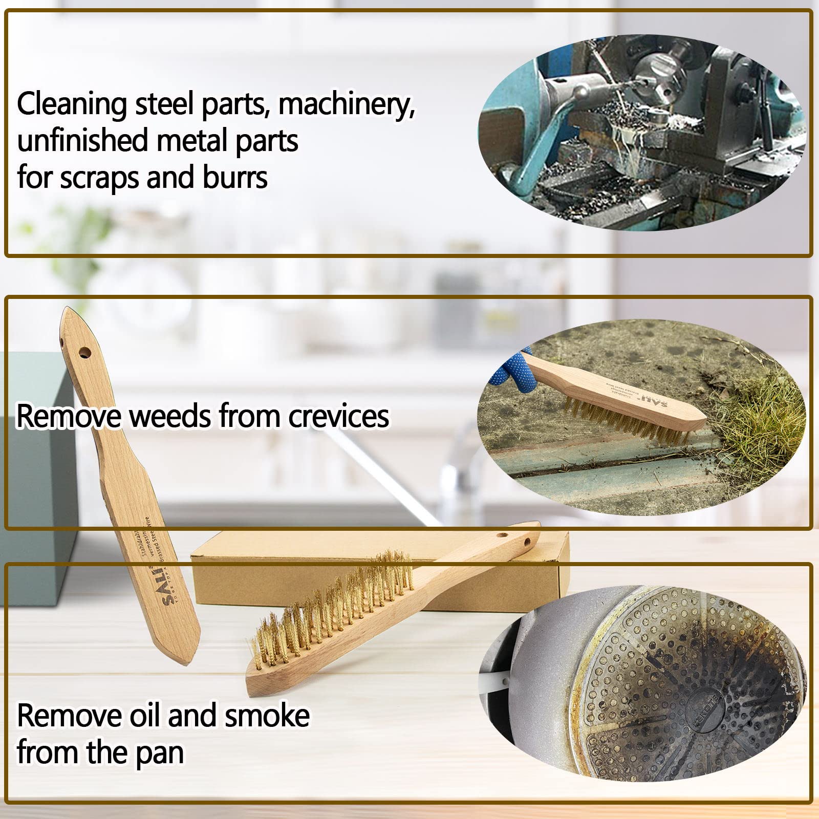 SALI Spazzole metalliche resistenti per la pulizia della ruggine in ottone, per automobili, vernici, scorie di saldatura, griglia, pulizia domestica, manico curvo in legno di faggio lungo 28 cm,