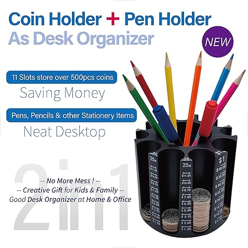 Miniatura 9 de Clasificador de monedas para contador de monedas, soporte para bolígrafo + soporte para monedas como organizador de escritorio, alcancía para