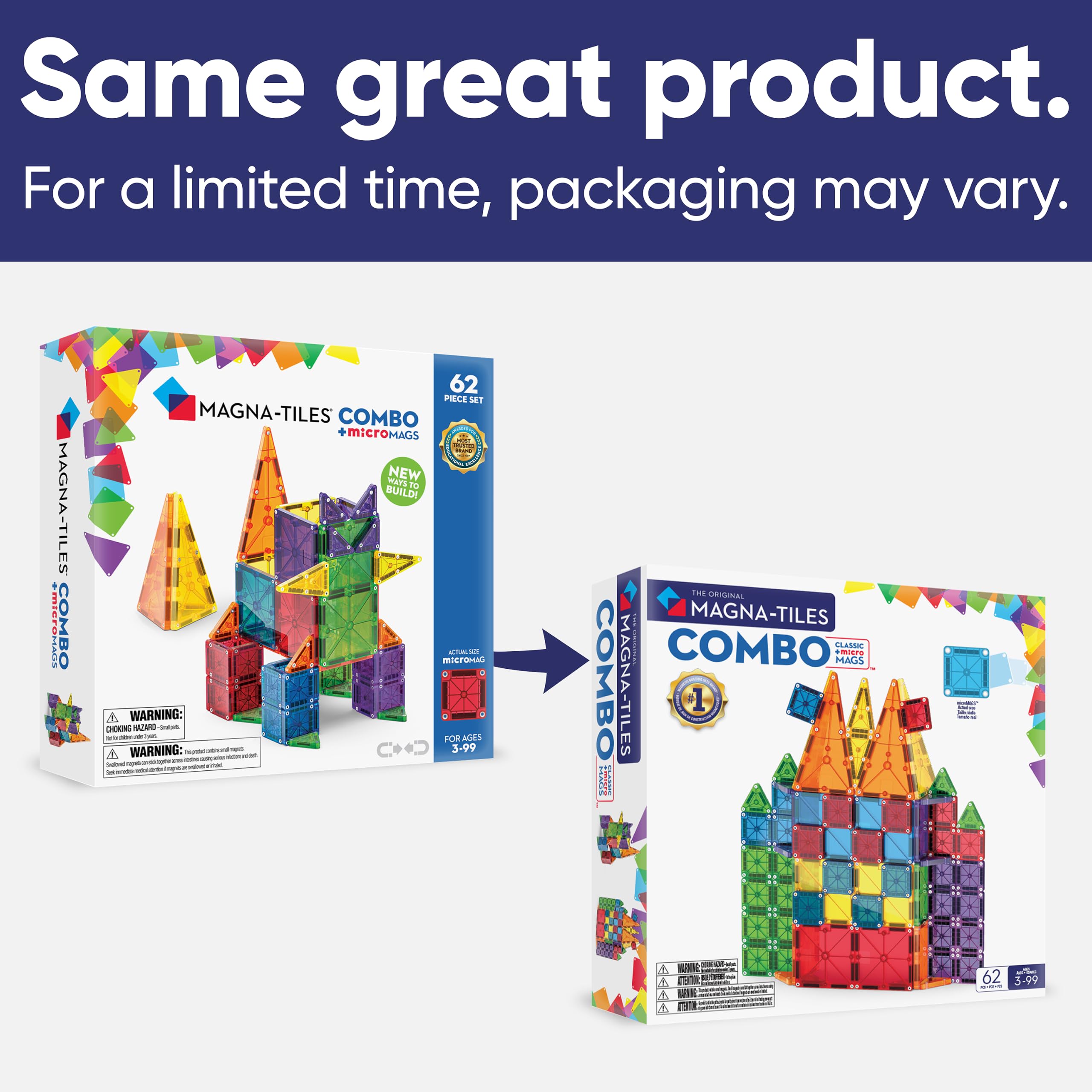 Magna-Tiles Combo - Juego de construcción magnética de 62 Piezas, la Marca Original de construcción magnética