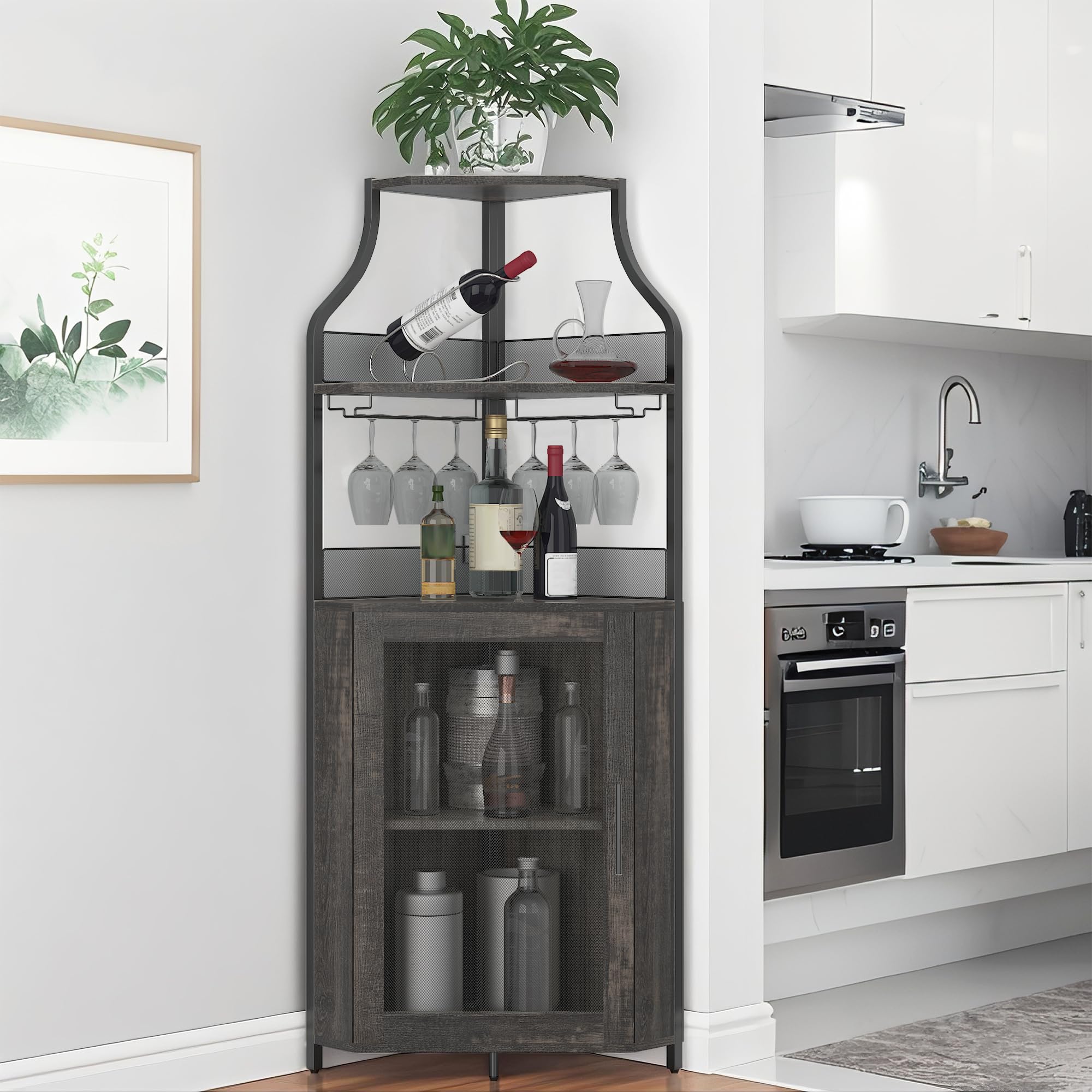 Garvee Eck-Weinbar-Schrank Mit Großem Stauraum Und Abnehmbarem Weinregal, Kaffeebar Mit Glasaufbewahrung Und Gittertür, 4-Stufiger Getränkeschrank Für Bar- Und Weinlagerung.