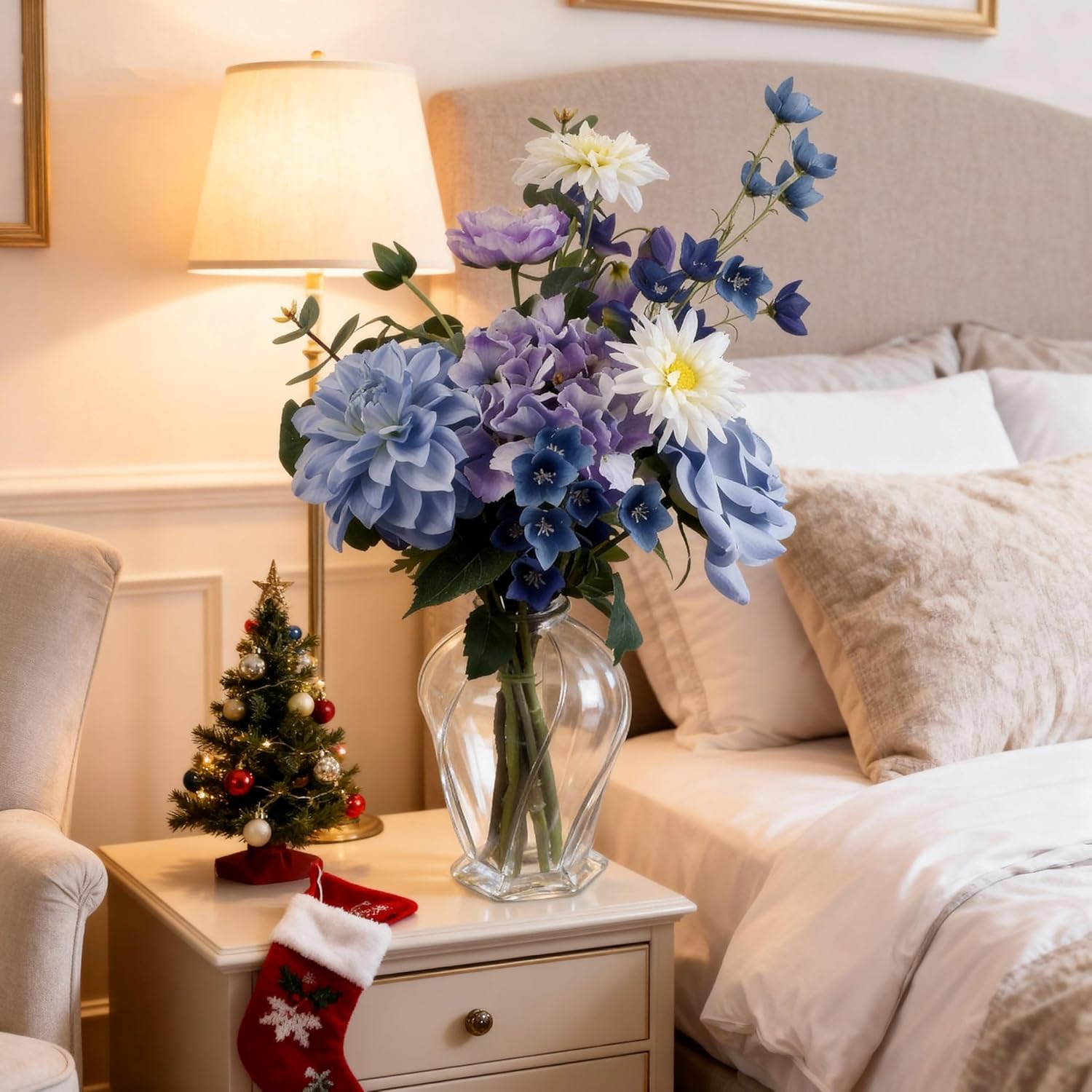 Artificial Flower Arrangement with Transparent Art Glass Vase, Blue and Purple Fake Flowers, 20 Inches Tall, 9 Flowers, Indoor Decor - Image 6