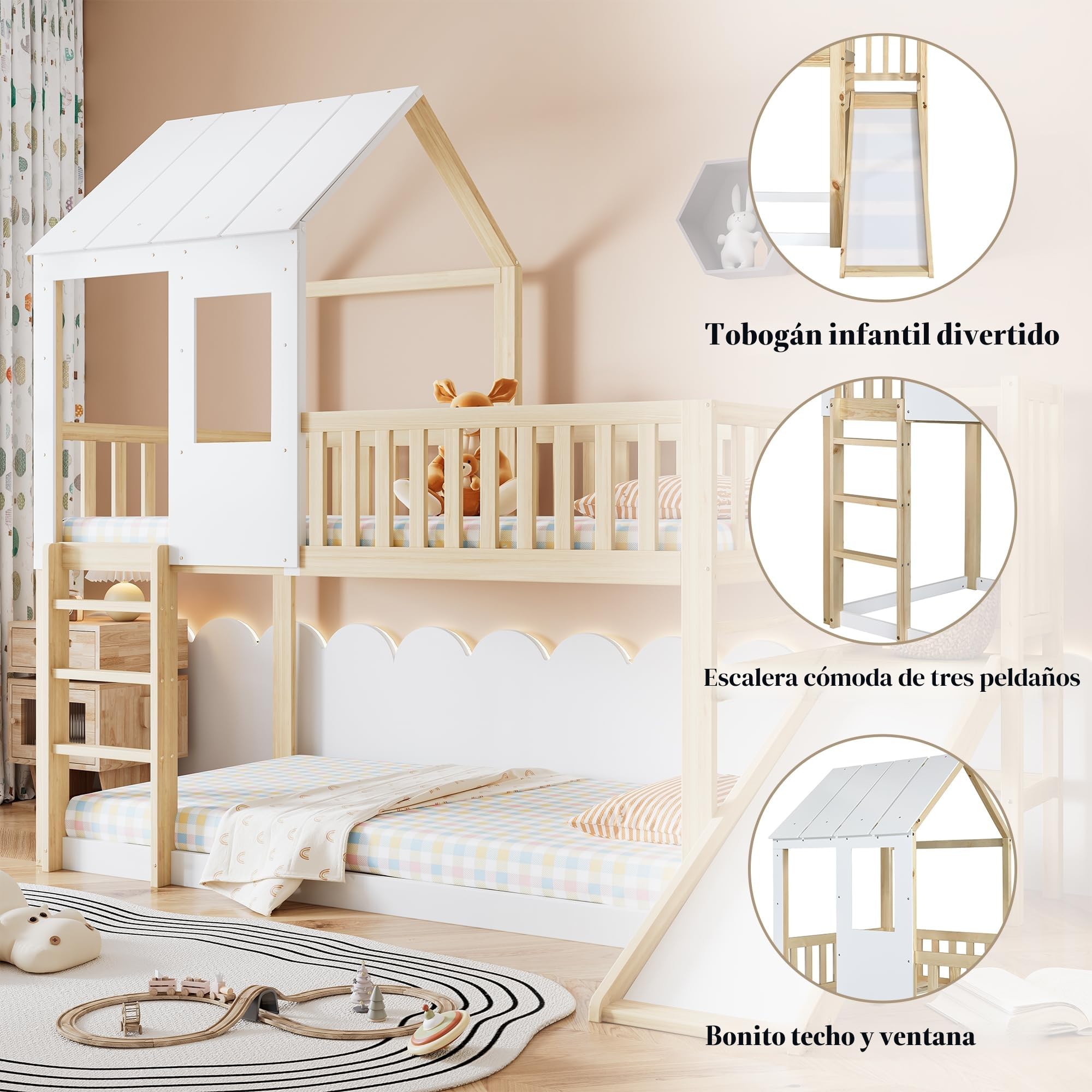 Cama apilable con escalera en ángulo recto y tobogán, cama de casa con techo y ventana, cama infantil con protección contra caídas y rejilla, estructura de pino, Natural+Blanco (90x200cm)