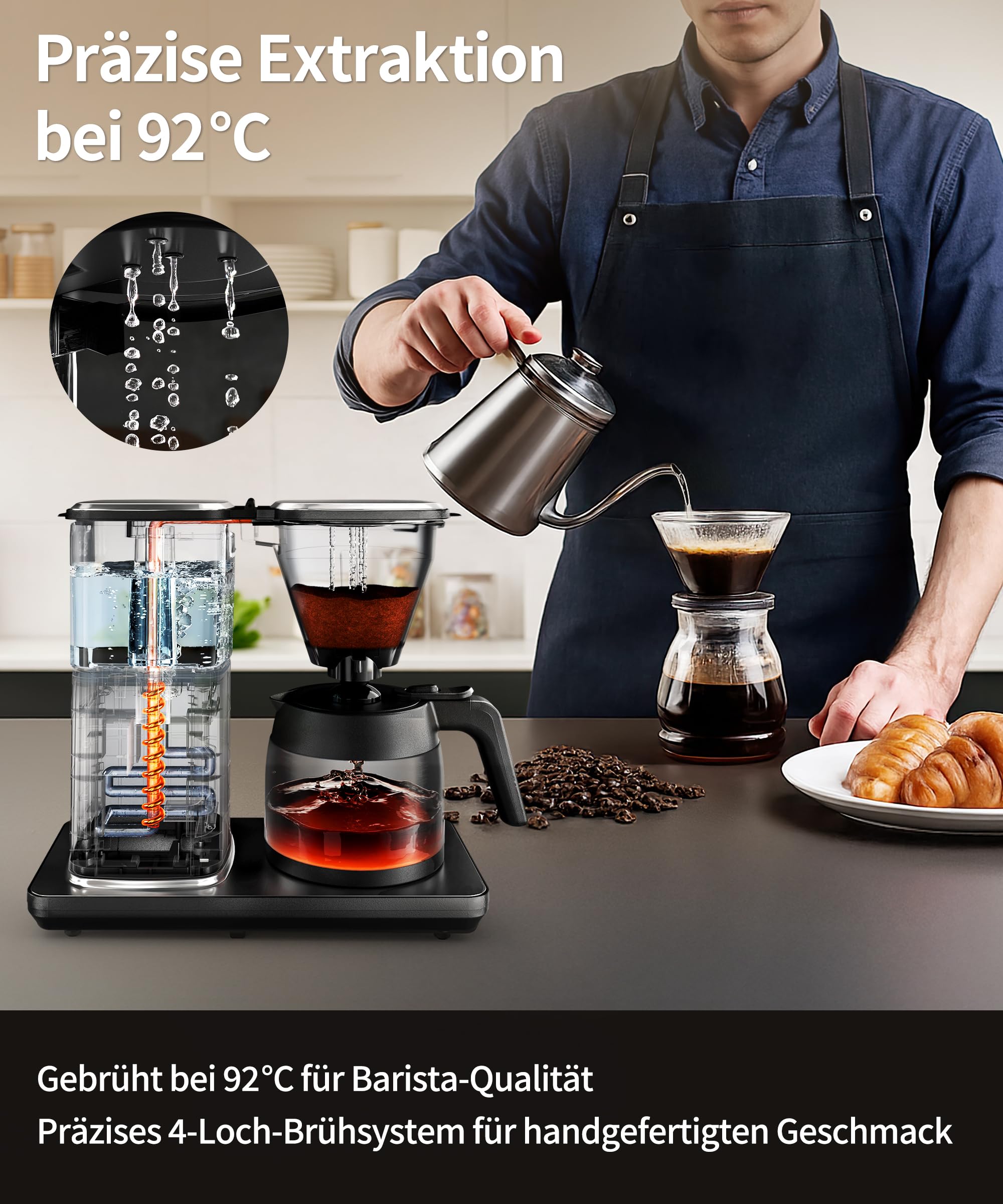 cafetera de goteo con jarra térmica y depósito de 1,25 L, cafetera eléctrica filtro 10 tazas, sistema antigoteo, apagado automático, acero inoxidable, PID 92 °C, 4,5 min preparación rápida